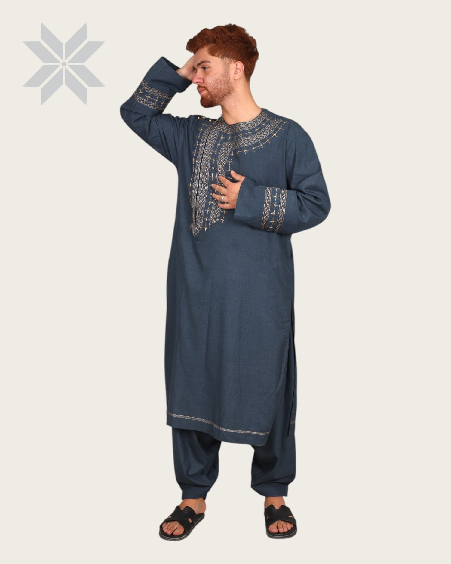Blue Men’s Qassimay Outfit with Golden Embroidery