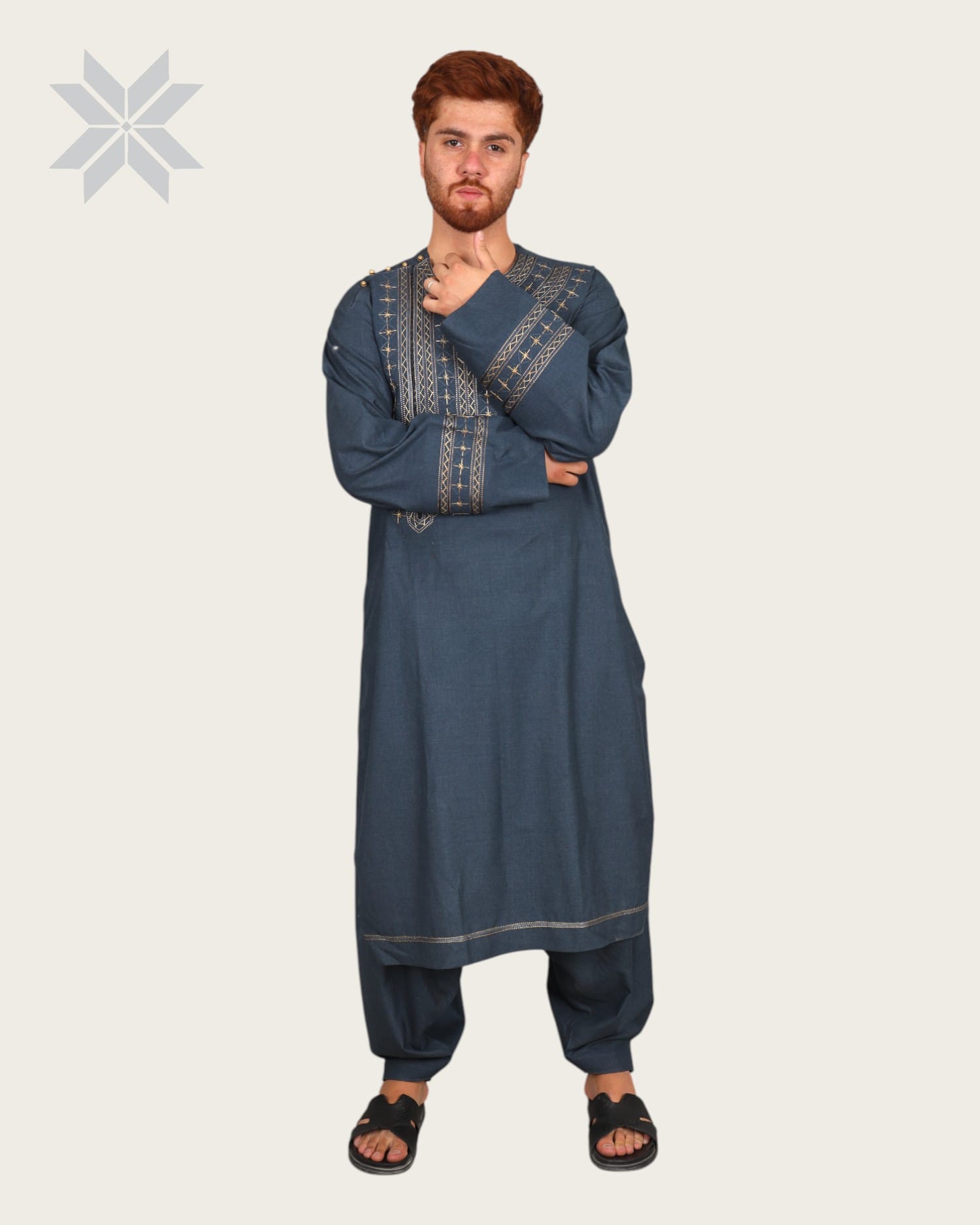Blue Men’s Qassimay Outfit with Golden Embroidery