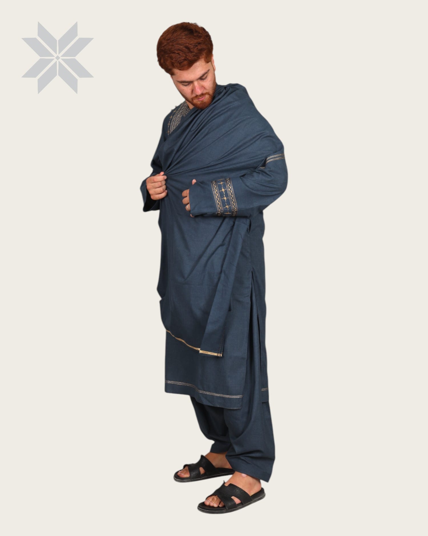 Blue Men’s Qassimay Outfit with Golden Embroidery