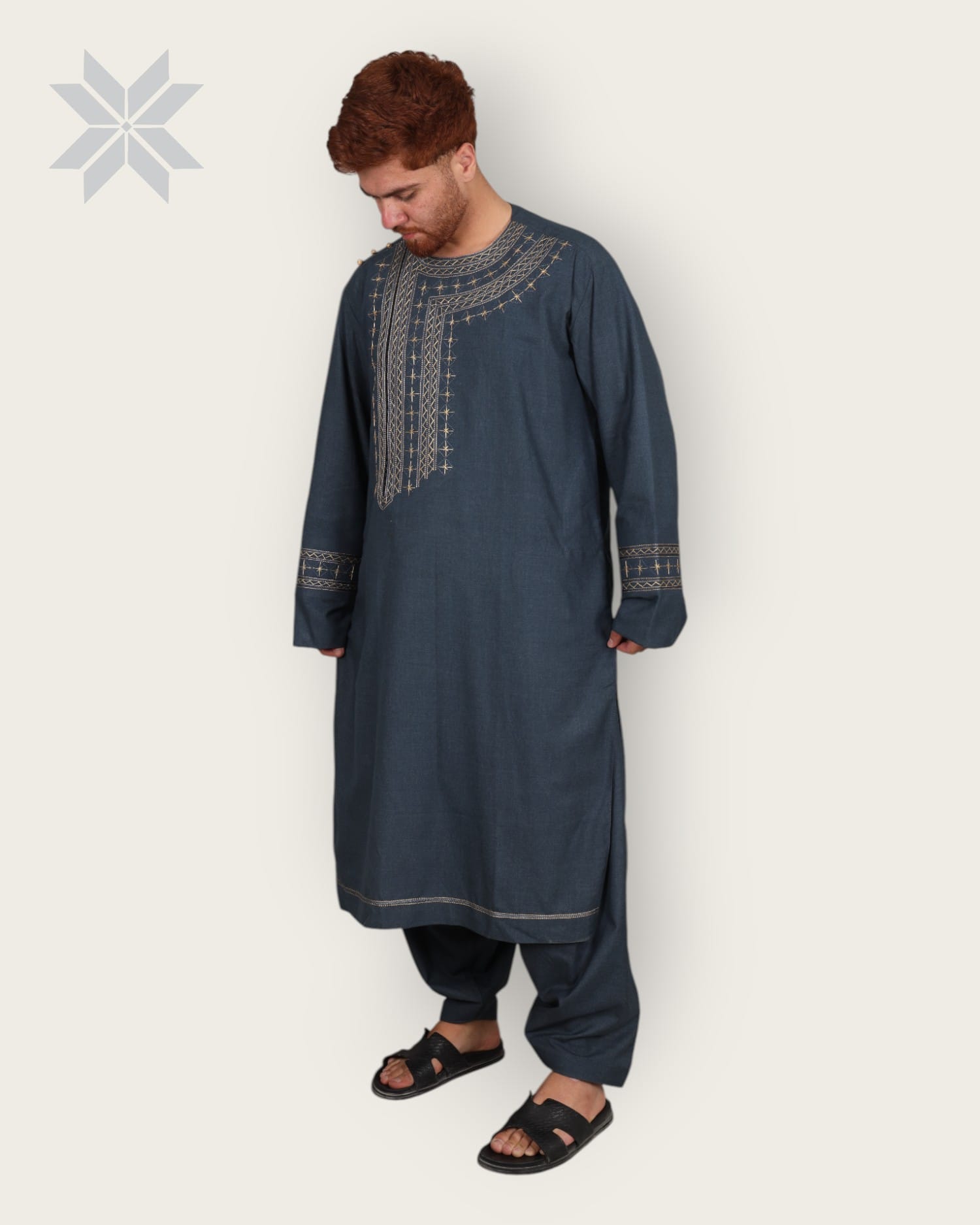 Blue Men’s Qassimay Outfit with Golden Embroidery