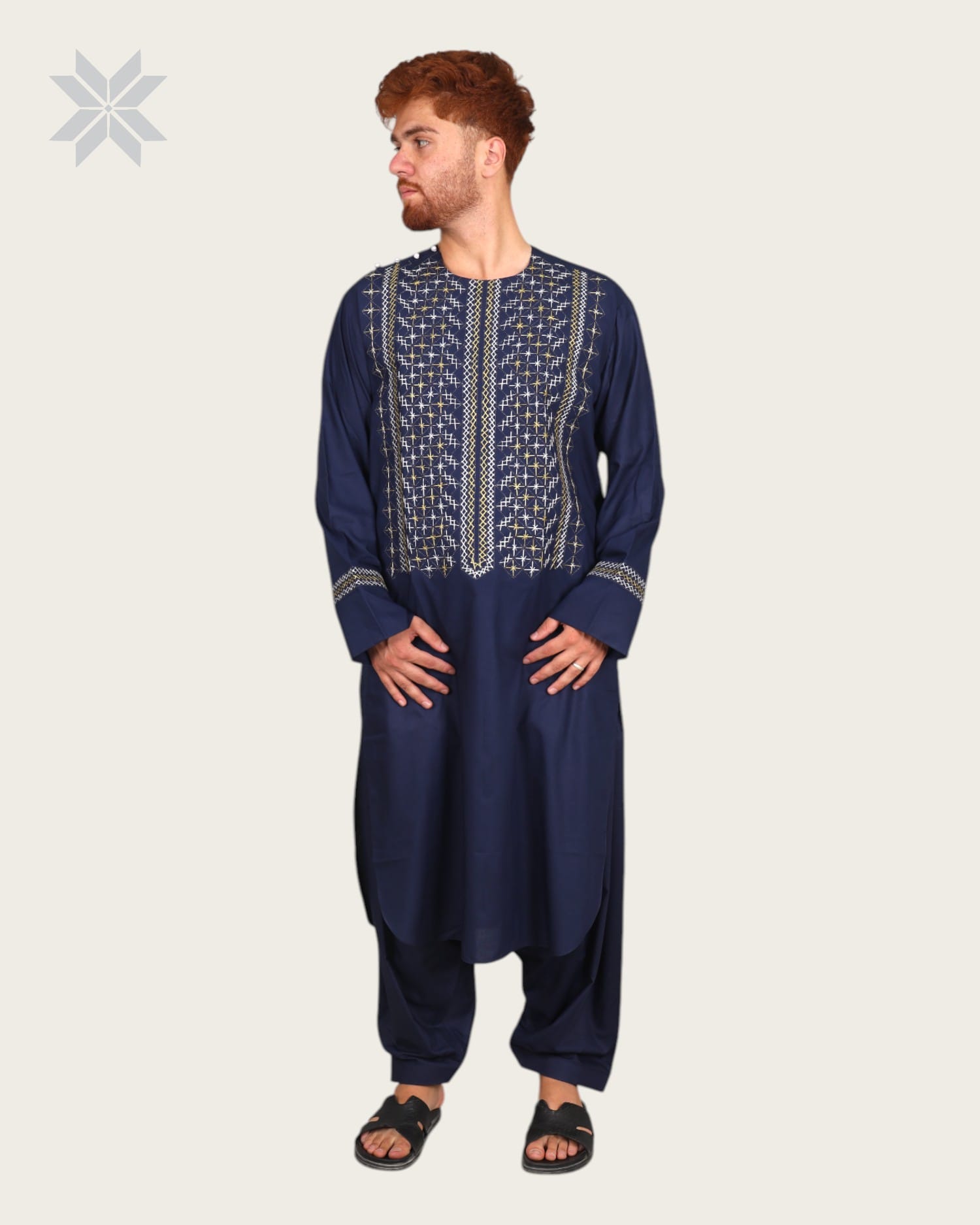 Men’s Blue Traditional Cloth with Elegant Gold & White Embroidery