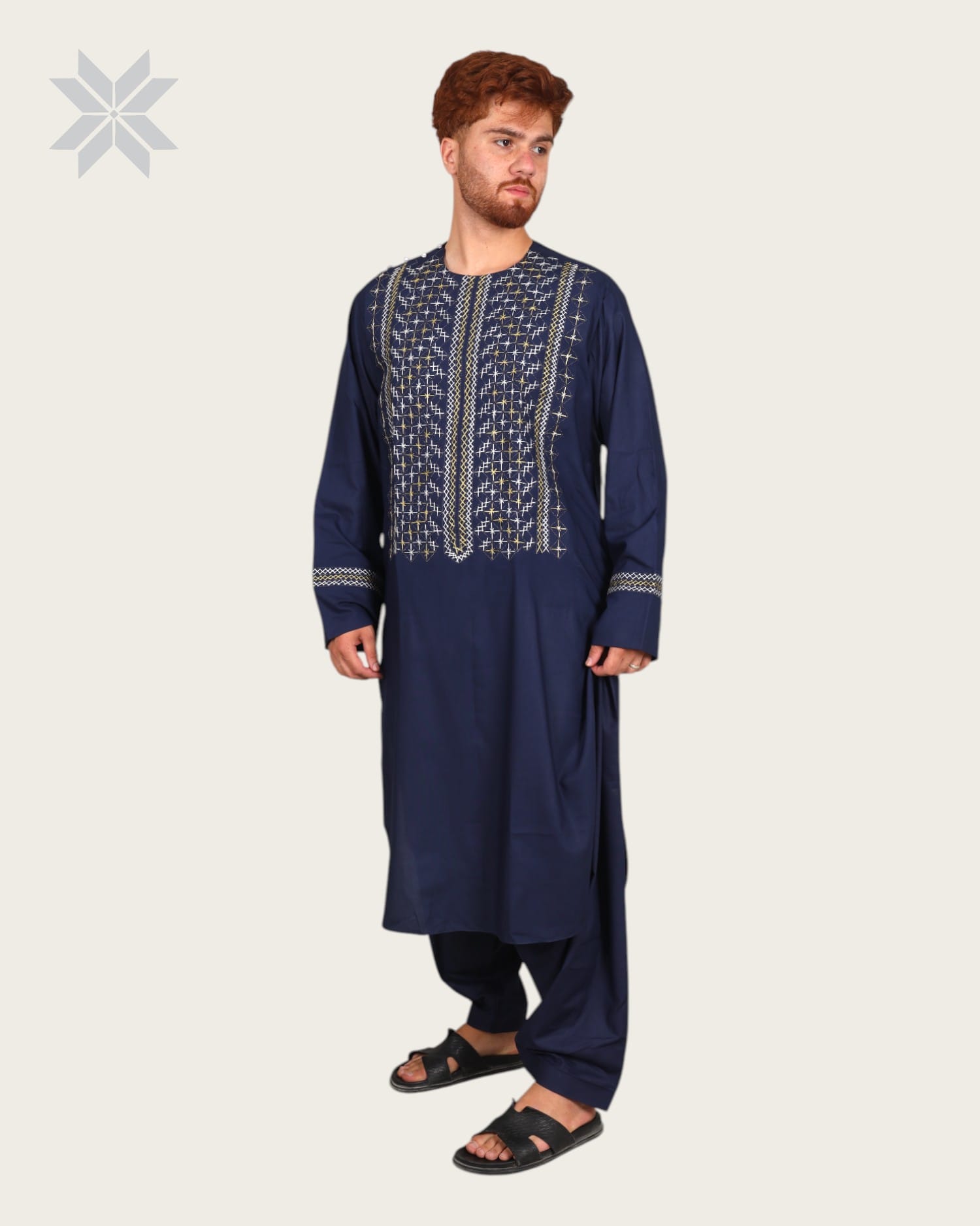 Men’s Blue Traditional Cloth with Elegant Gold & White Embroidery