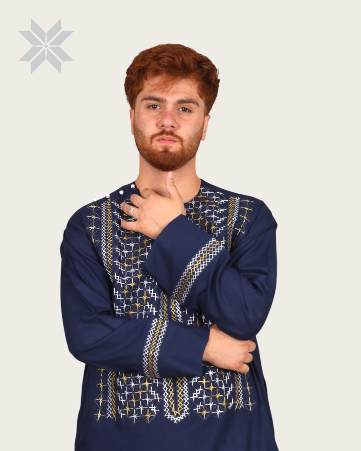 Men’s Blue Traditional Cloth with Elegant Gold & White Embroidery