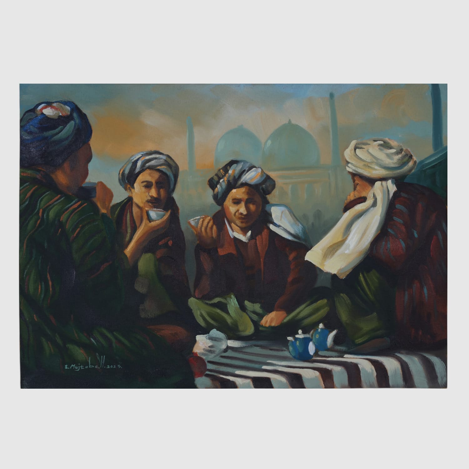 Mazar Sharifi Friends Gathering – Afghan Oil Painting