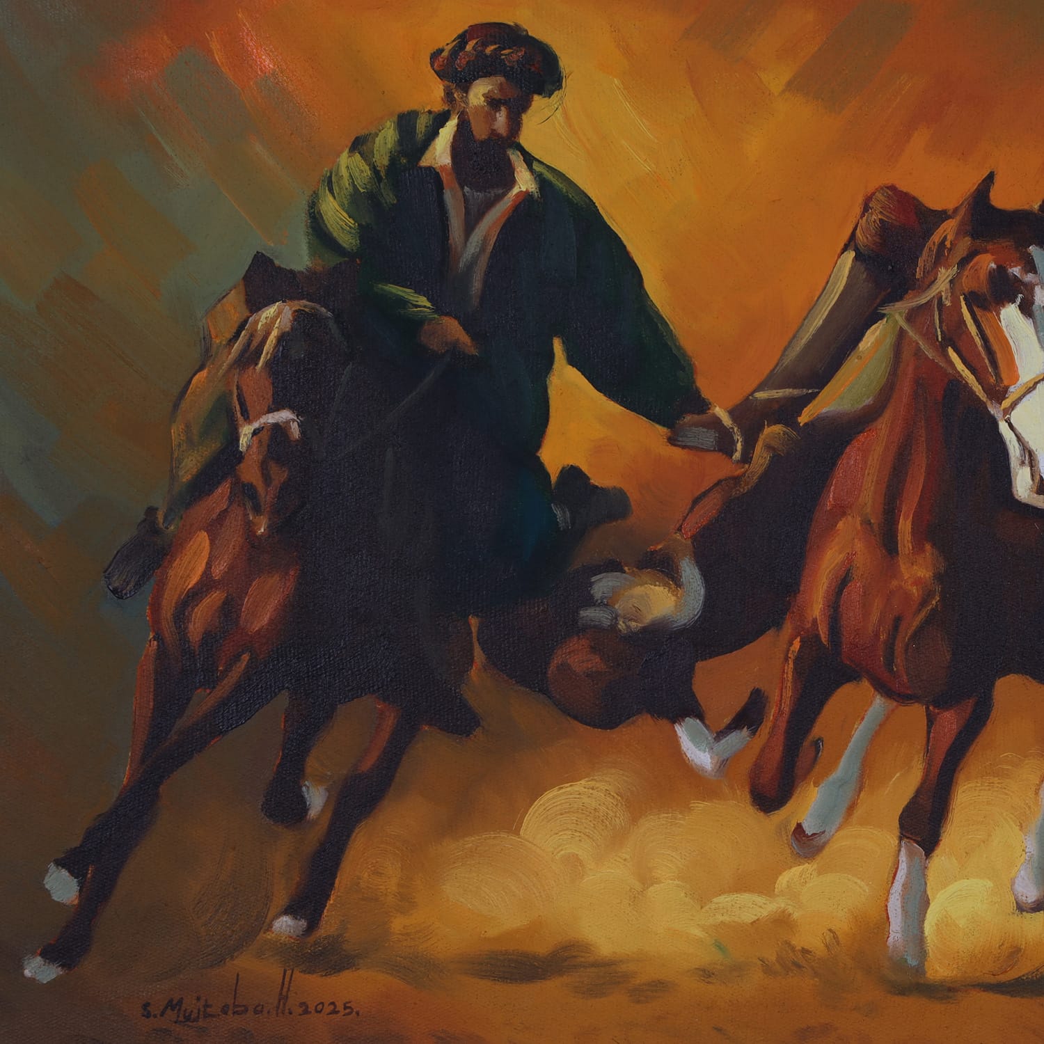 Buzkashi Warriors, Original Afghan Oil Painting (16 x 22 Inches)