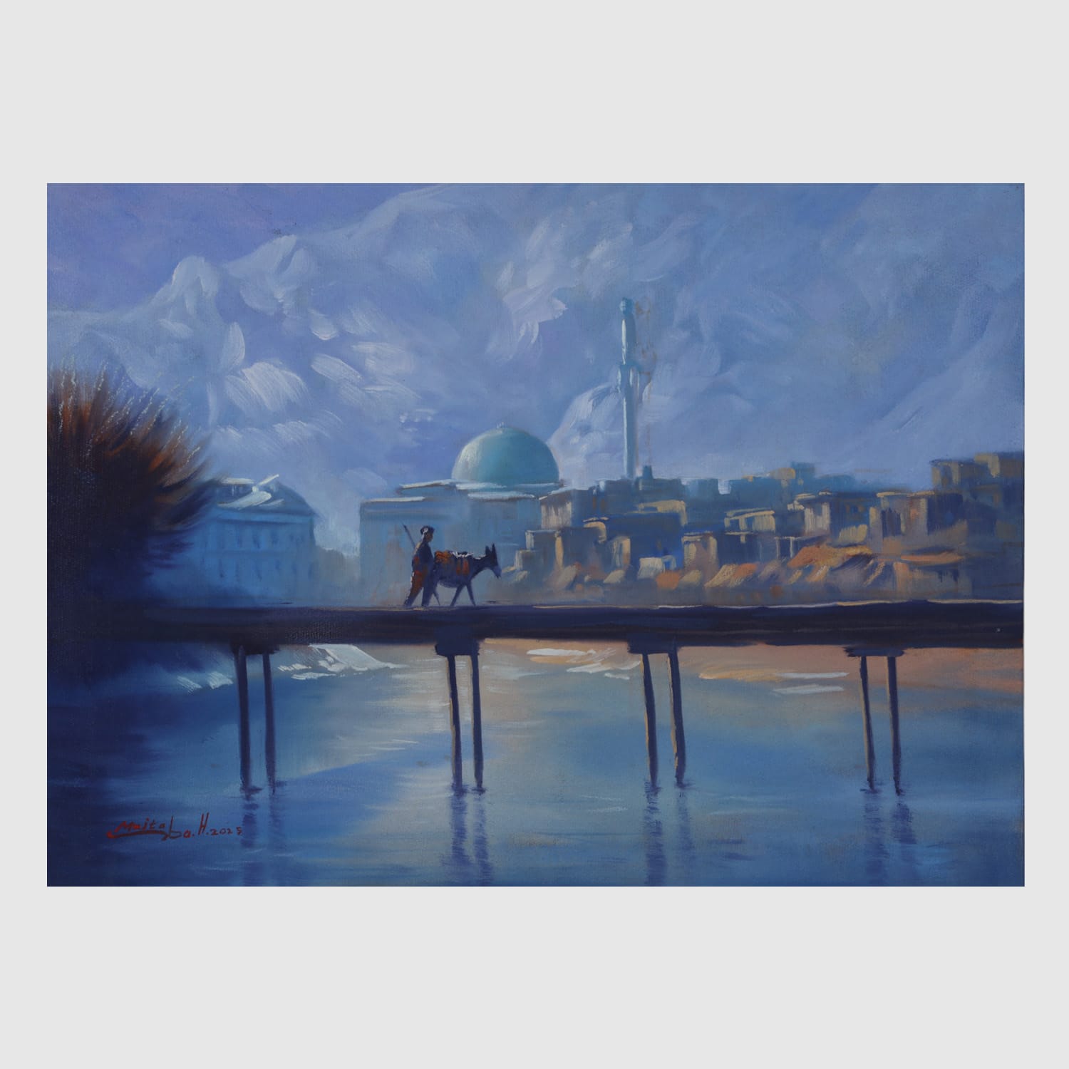 Kabul Serenity Masjid Pul-e-Kheshti Oil Painting (16 x 22 Inches)