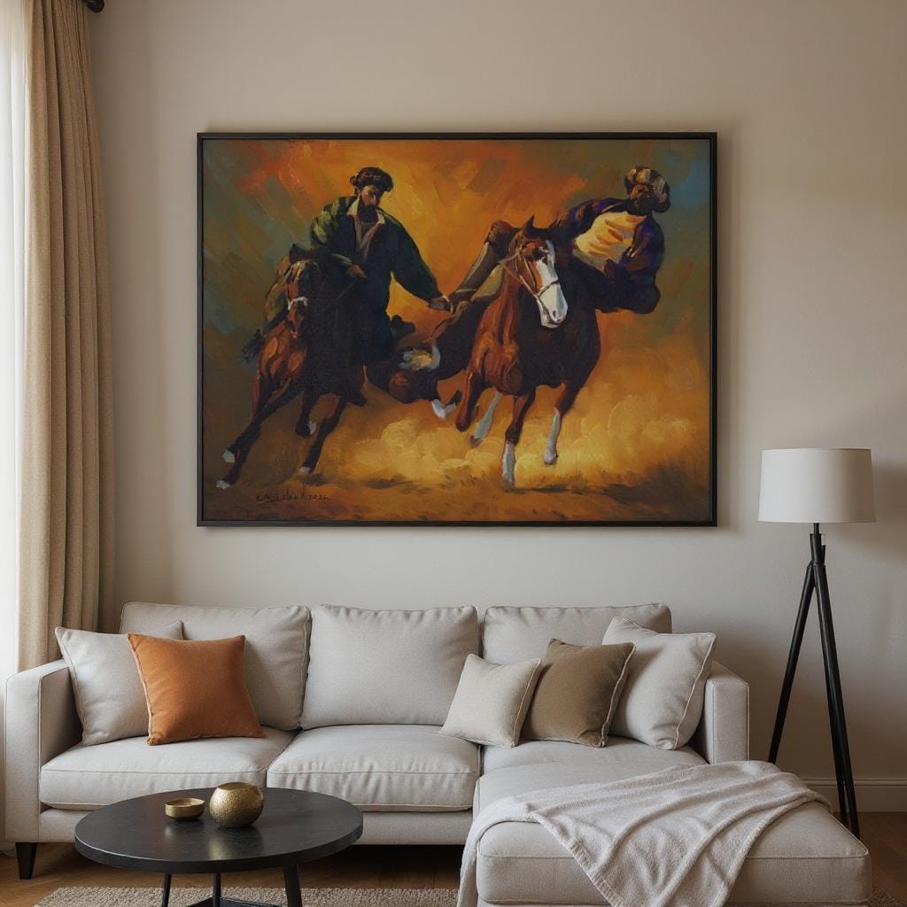 Buzkashi Warriors, Original Afghan Oil Painting (16 x 22 Inches)