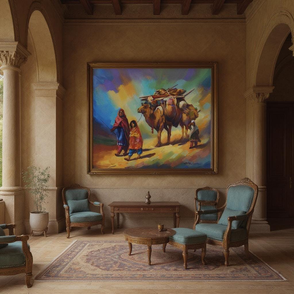 Oil Painting of Camel Caravan  Traditional Afghan