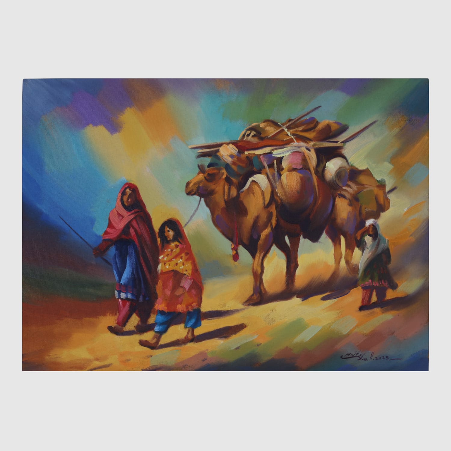 Oil Painting of Camel Caravan  Traditional Afghan