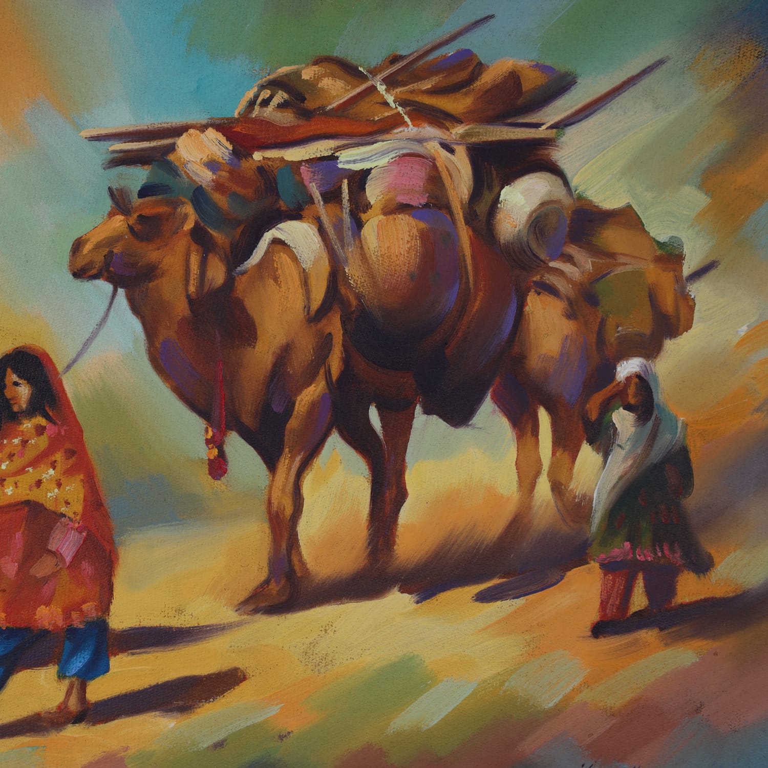 Oil Painting of Camel Caravan  Traditional Afghan