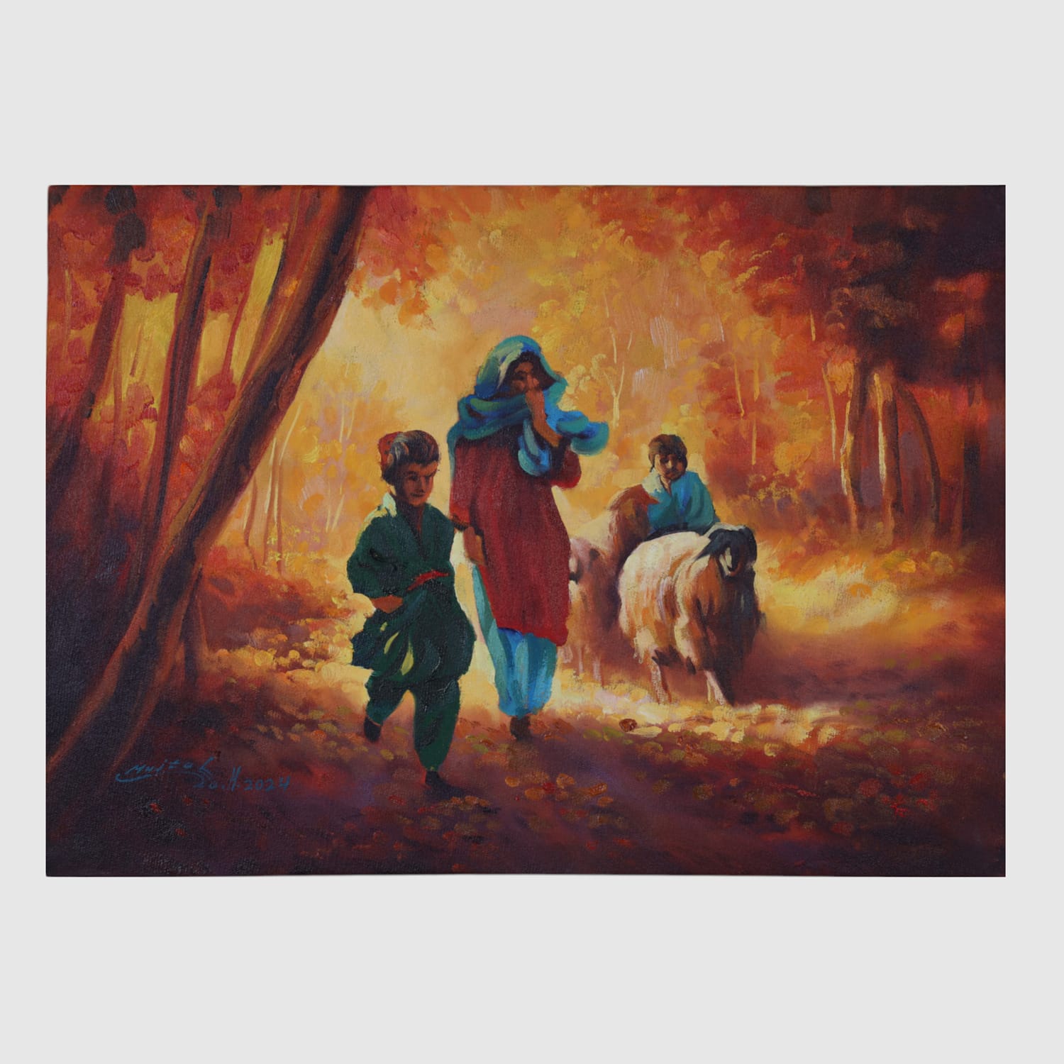 Oil Painting The Shepherd Girl Afghan Rural Life