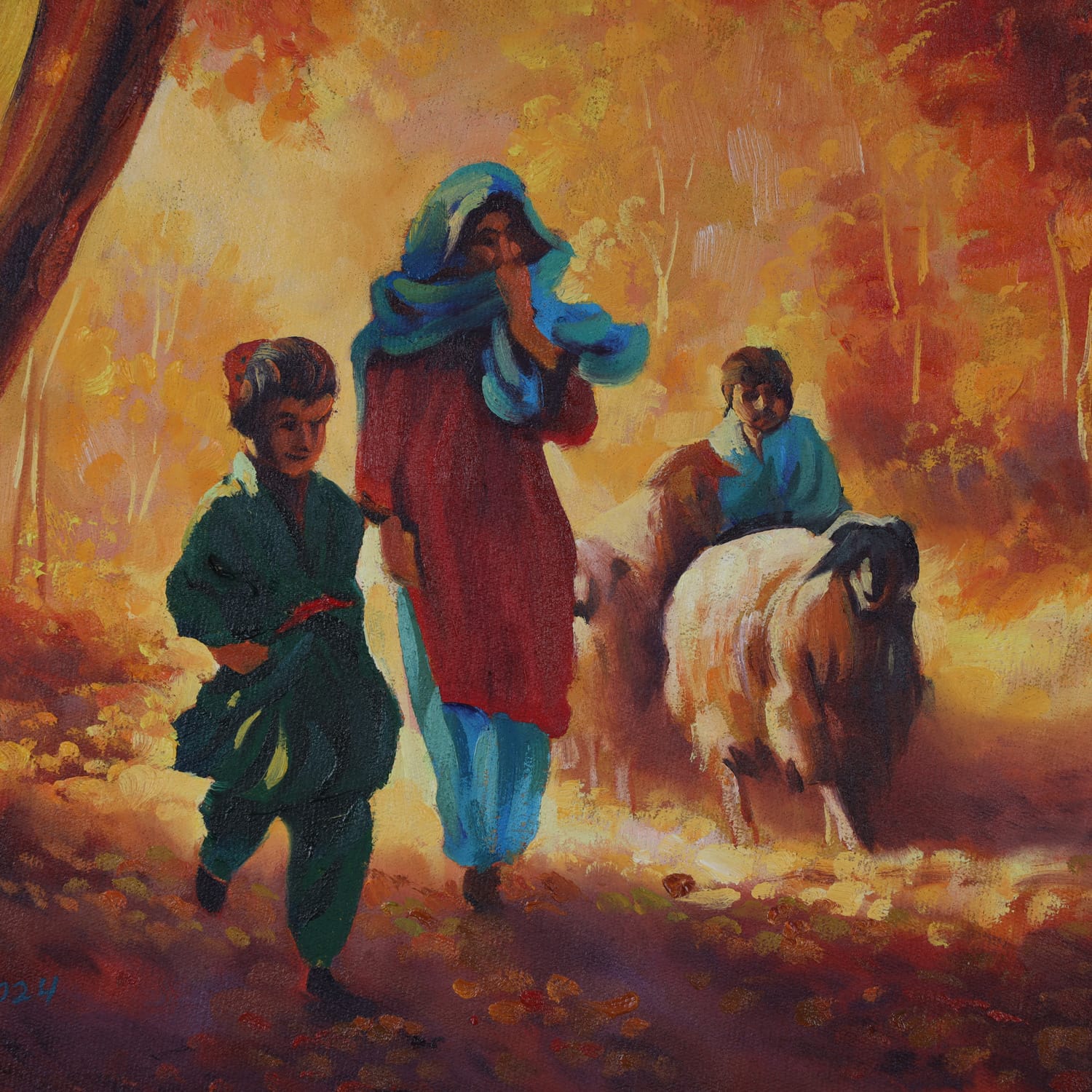 Oil Painting The Shepherd Girl Afghan Rural Life