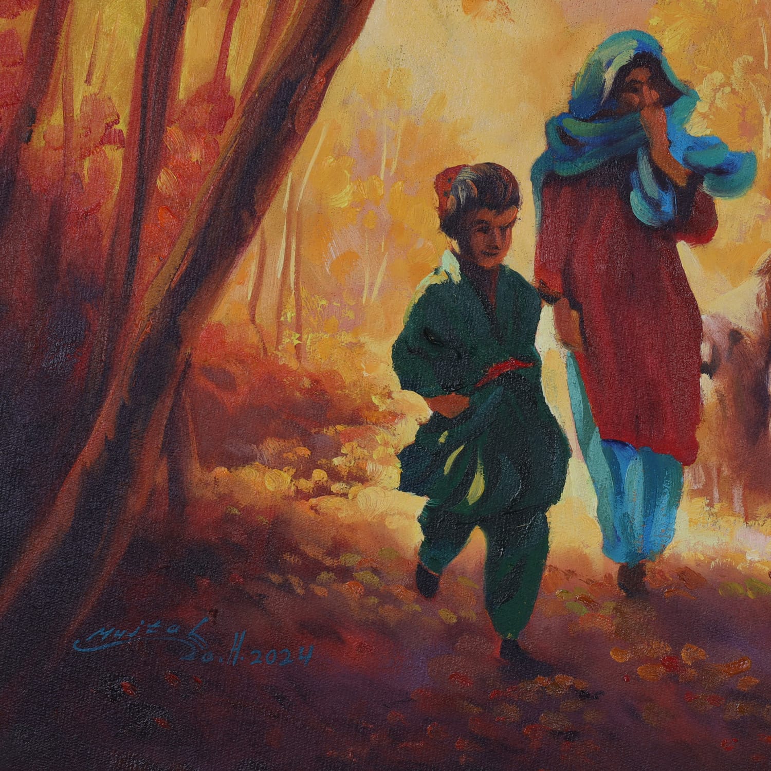 Oil Painting The Shepherd Girl Afghan Rural Life