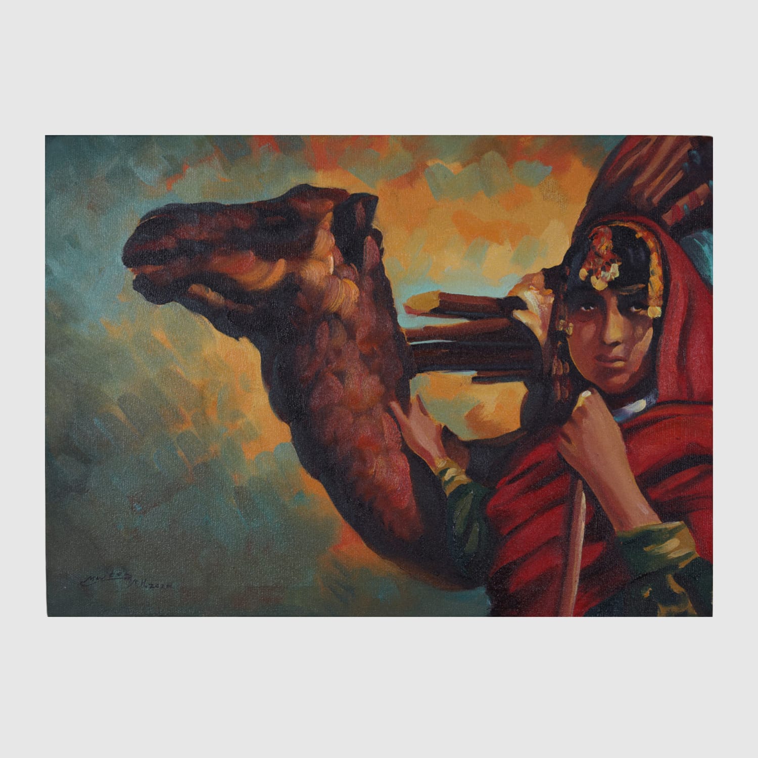 Oil Painting Afghan Girl and Camel Traditional Nomadic Life