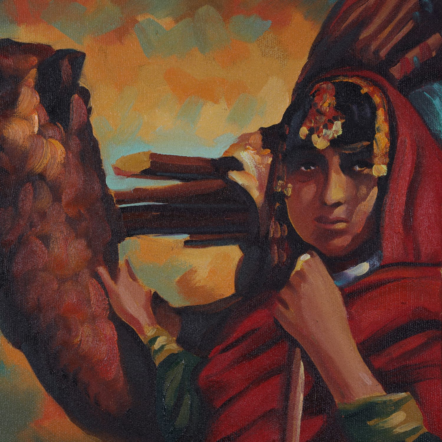 Oil Painting Afghan Girl and Camel Traditional Nomadic Life