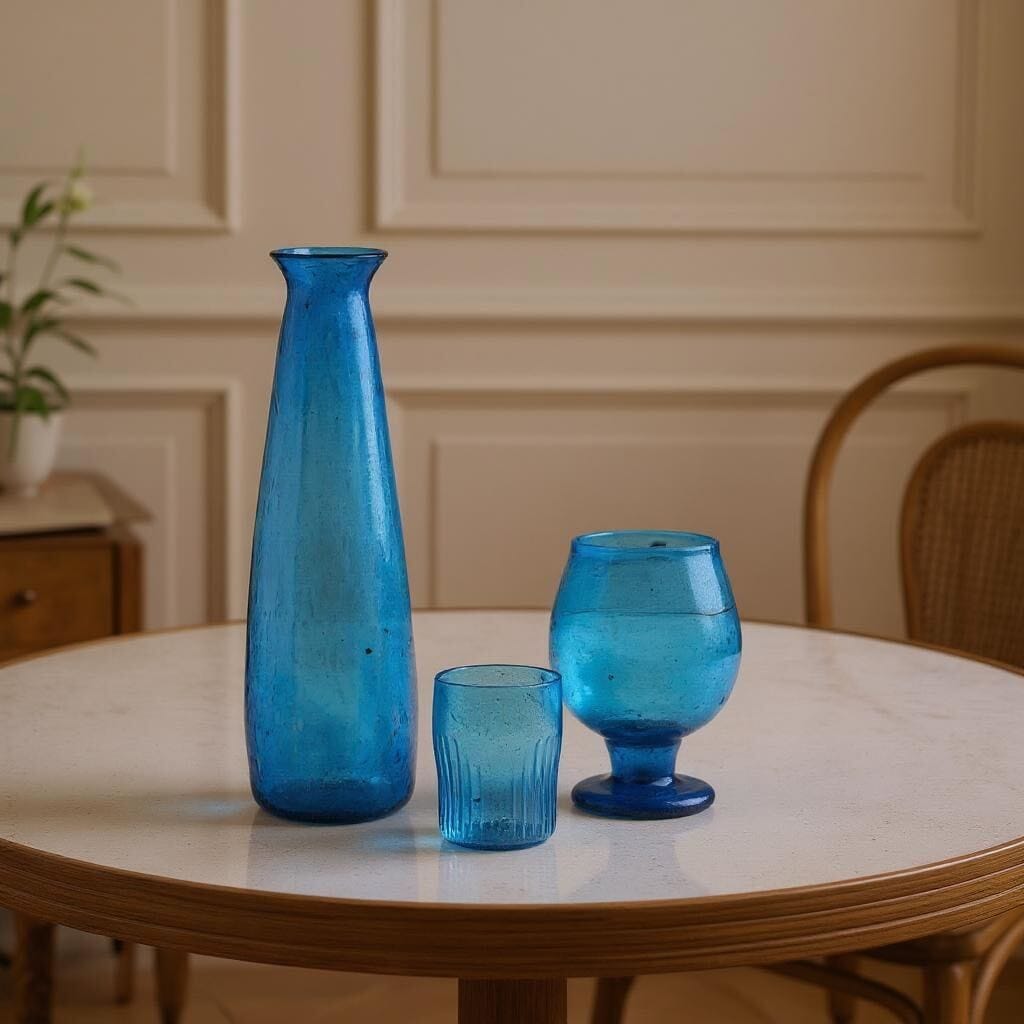 Sky Blue Glassware Set, Vase & Two Glasses 3 Pcs