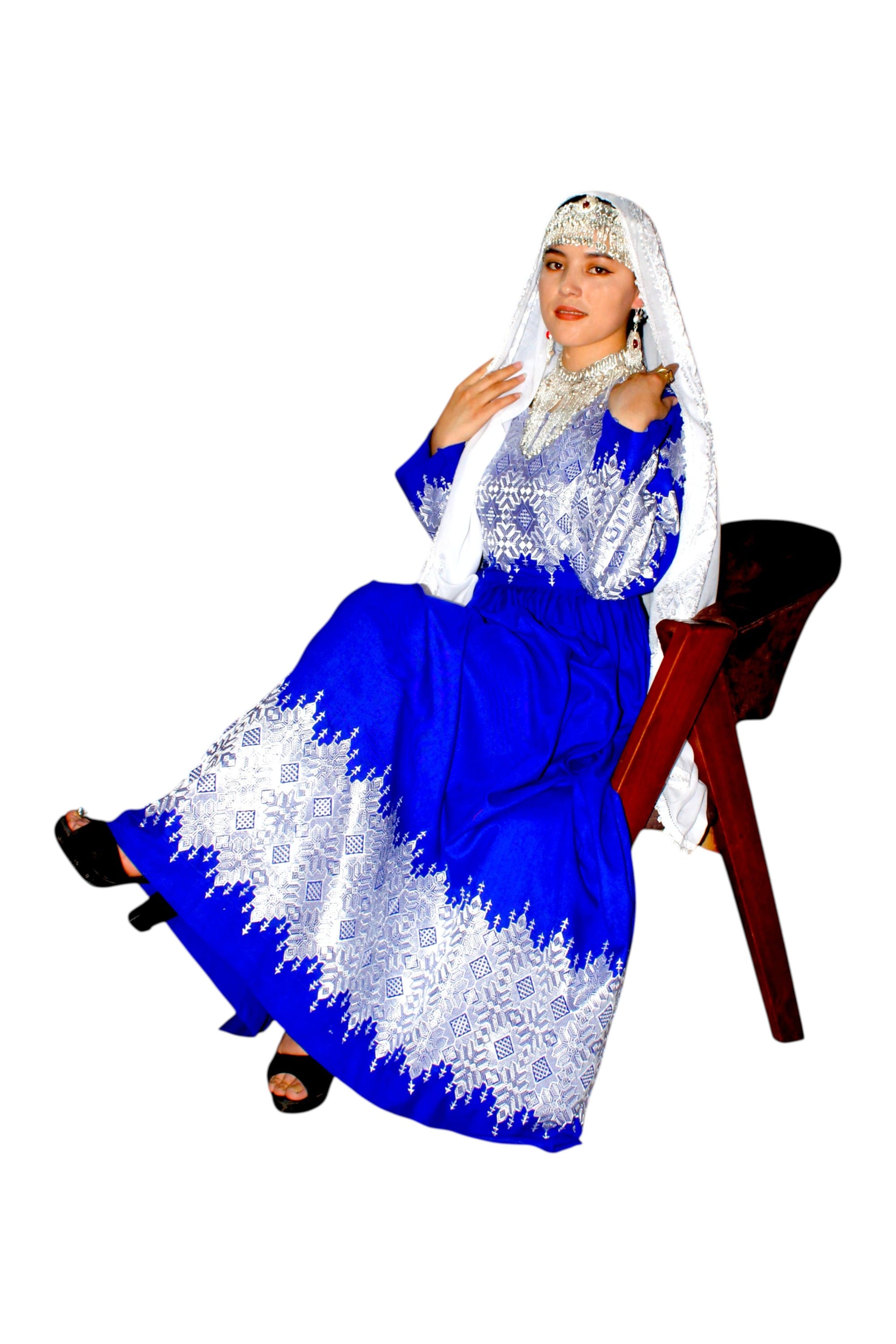 Hazaragi Long Party Blue Dress with White Embroidery