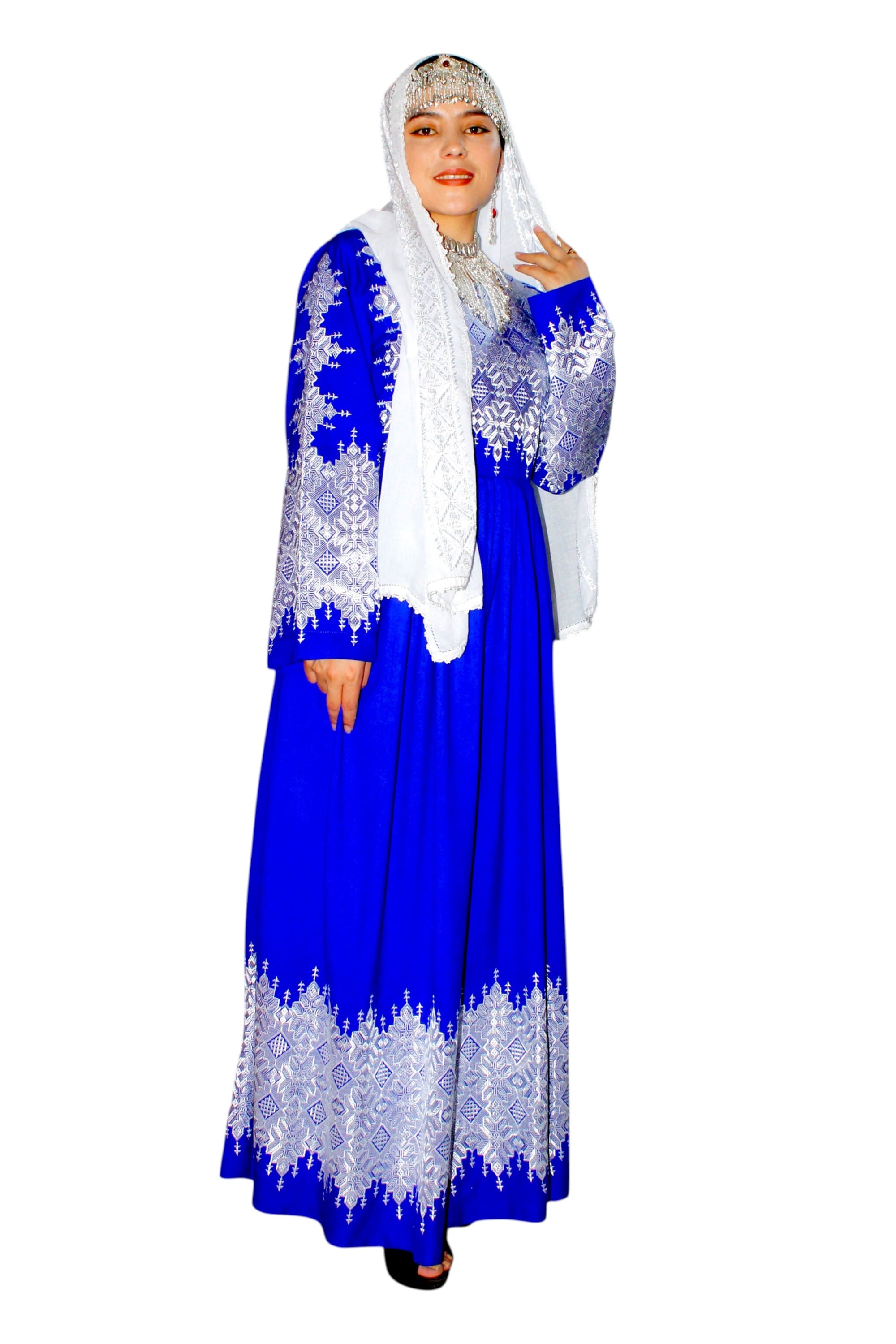 Hazaragi Long Party Blue Dress with White Embroidery