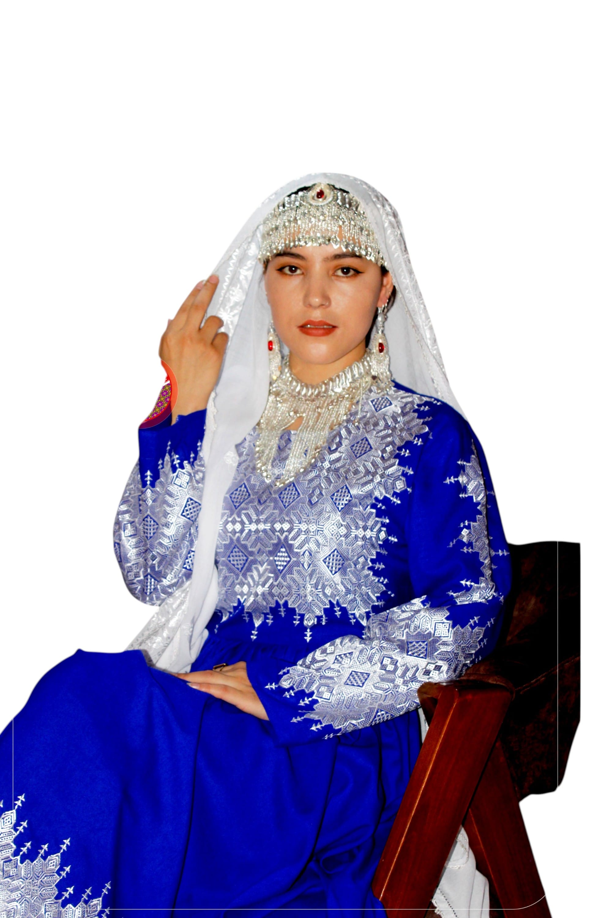 Hazaragi Long Party Blue Dress with White Embroidery