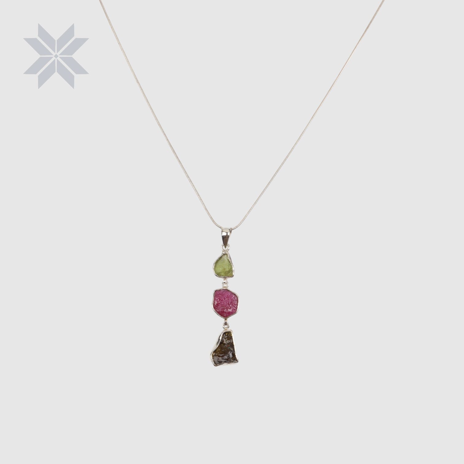 Raw Gemstone Pendant Necklace – Peridot, Ruby & Tourmaline