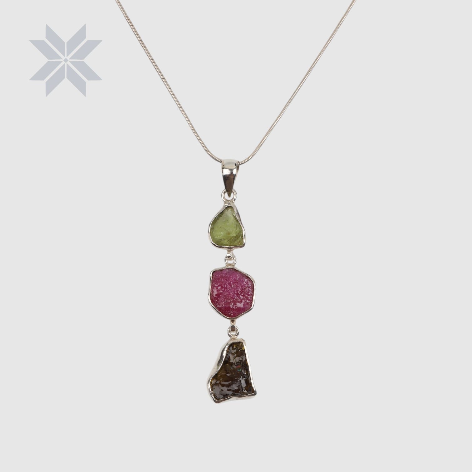 Raw Gemstone Pendant Necklace – Peridot, Ruby & Tourmaline