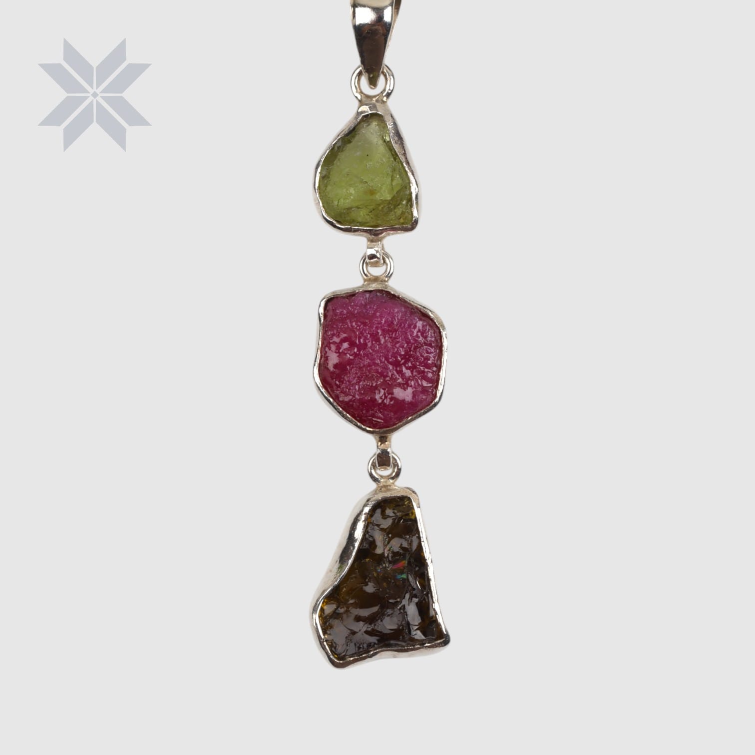 Raw Gemstone Pendant Necklace – Peridot, Ruby & Tourmaline