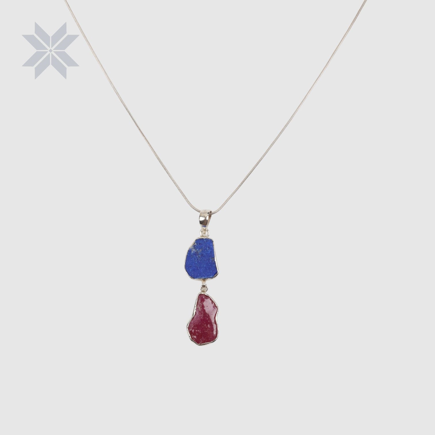 Two Stone Rough Cut Necklace – Lapis & Ruby | Boho Pendant | 925 Sterling Silver