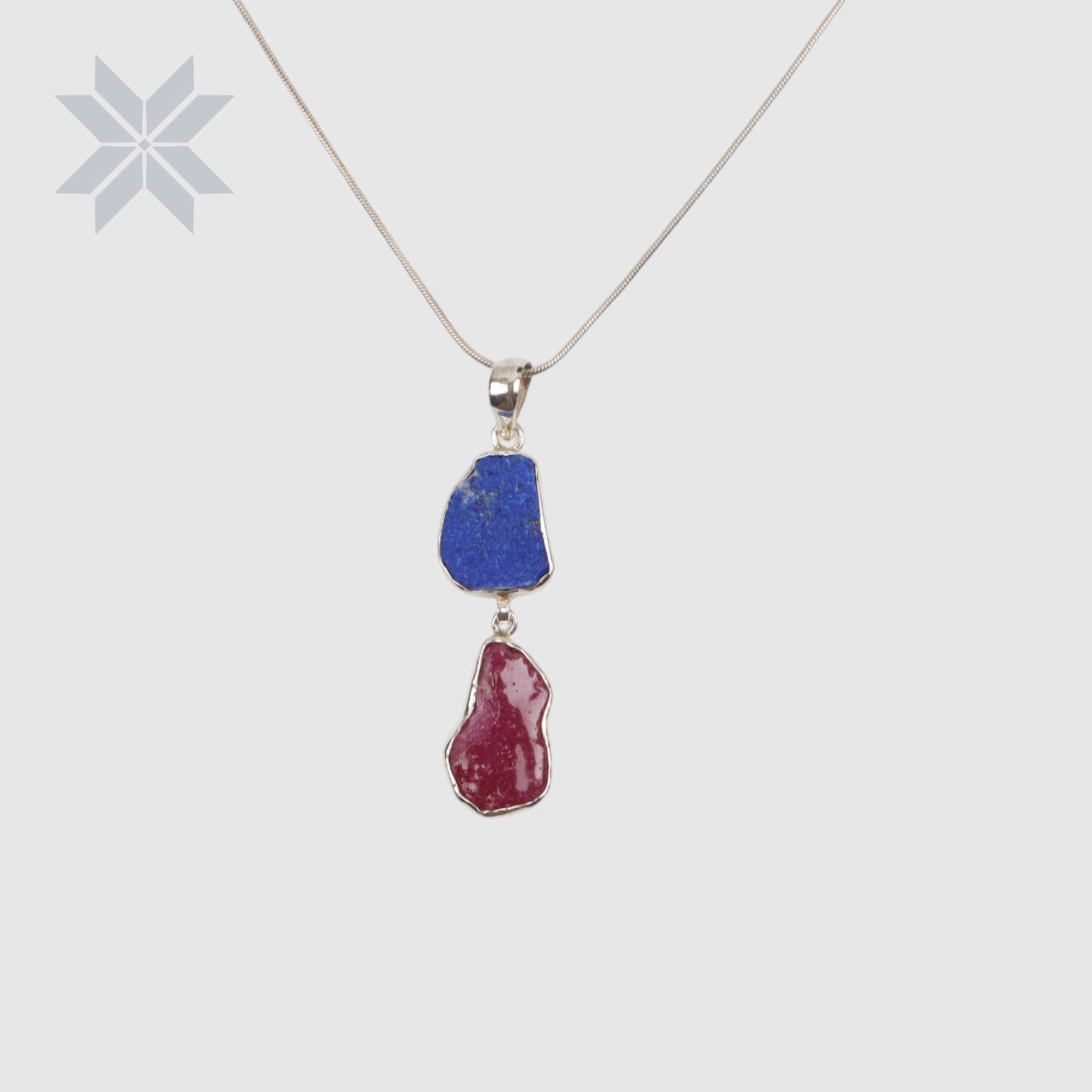 Two Stone Rough Cut Necklace – Lapis & Ruby | Boho Pendant | 925 Sterling Silver