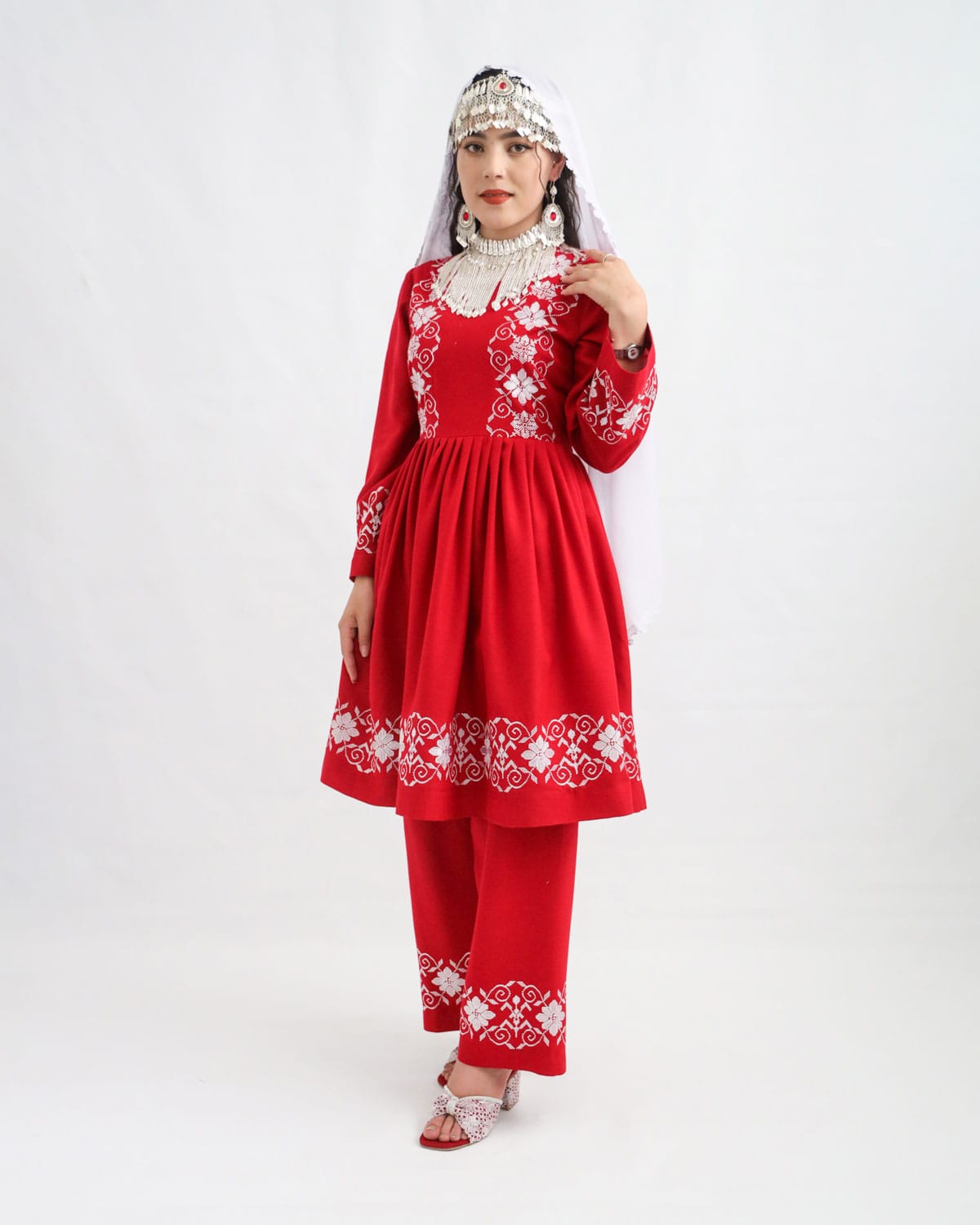 Hazaragi Red & White Cotton Dress with Handmade Scarf & Jewelry Set