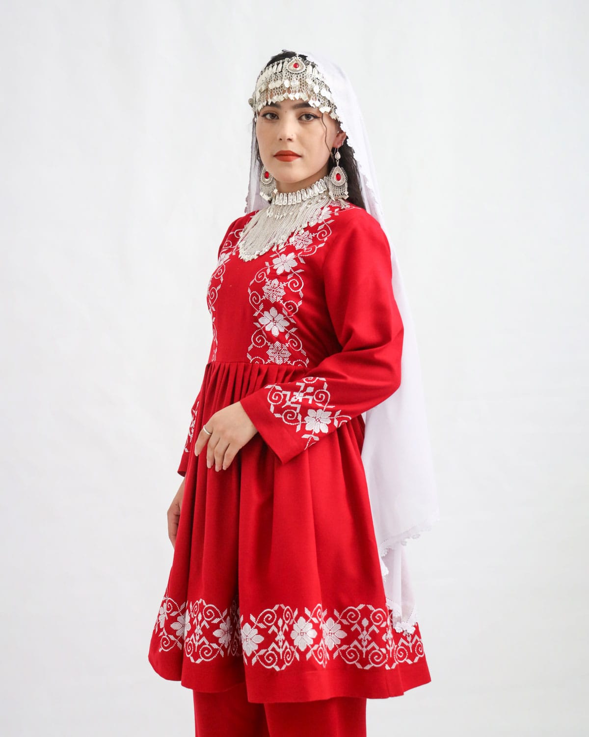 Hazaragi Red & White Cotton Dress with Handmade Scarf & Jewelry Set