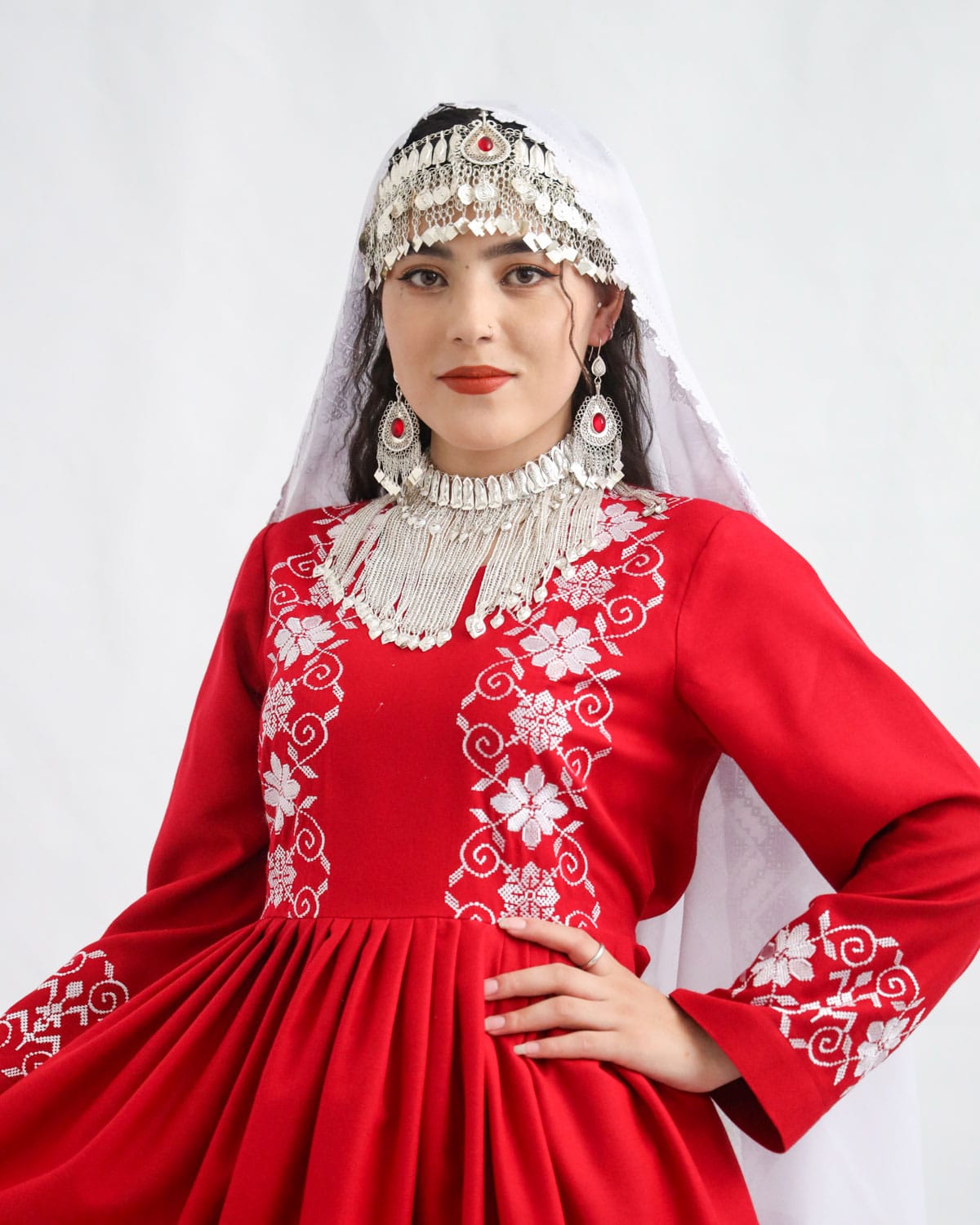 Hazaragi Red & White Cotton Dress with Handmade Scarf & Jewelry Set