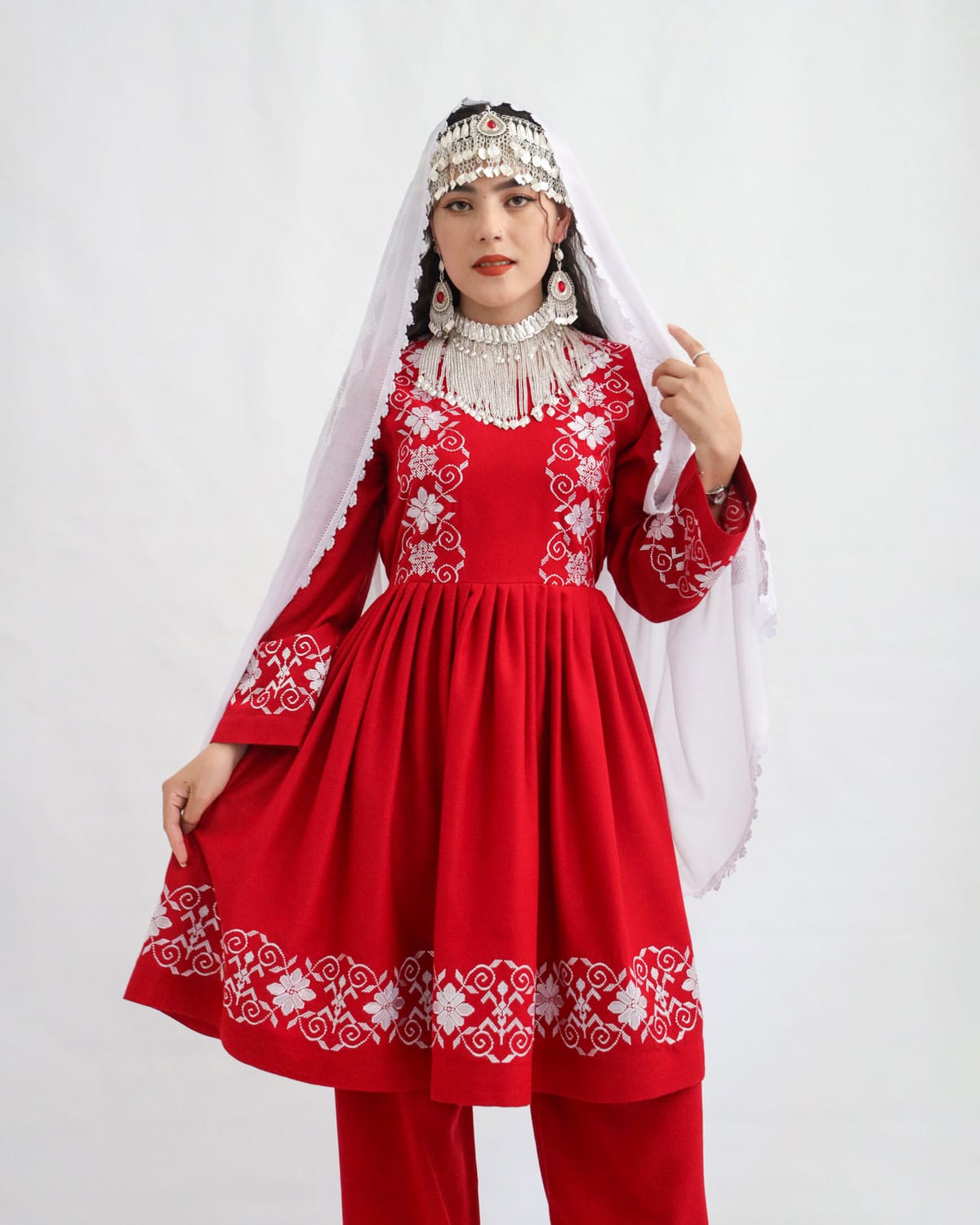 Hazaragi Red & White Cotton Dress with Handmade Scarf & Jewelry Set