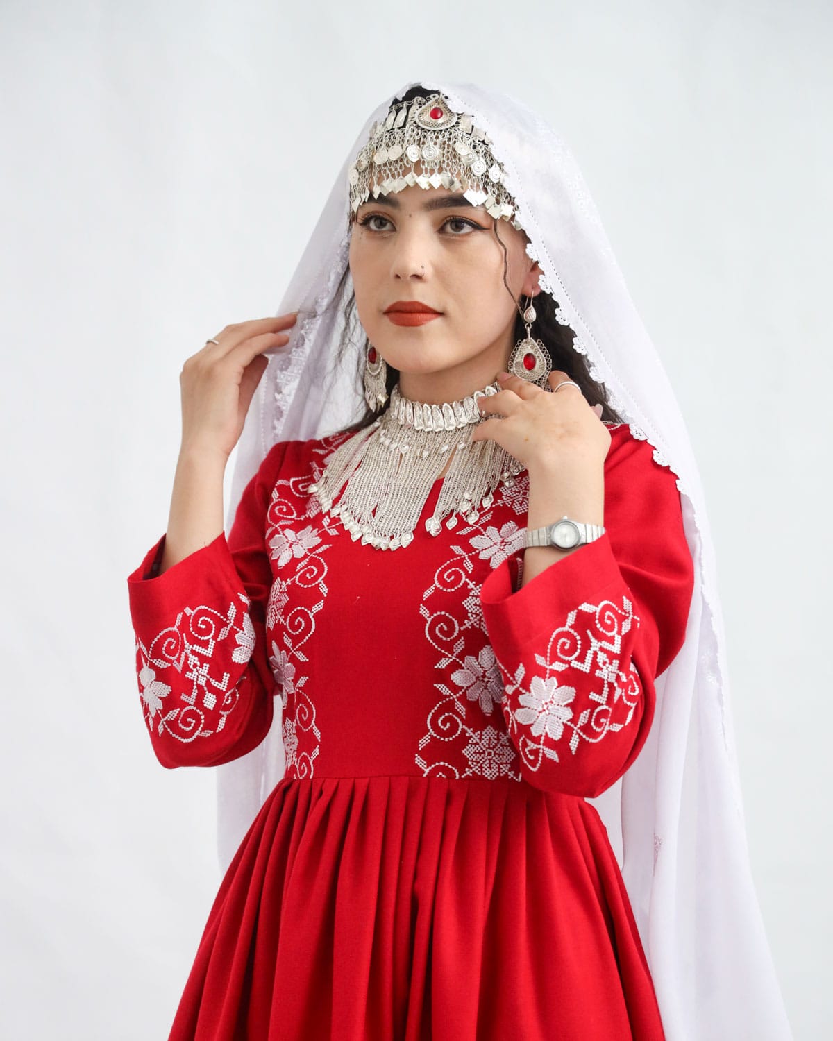 Hazaragi Red & White Cotton Dress with Handmade Scarf & Jewelry Set