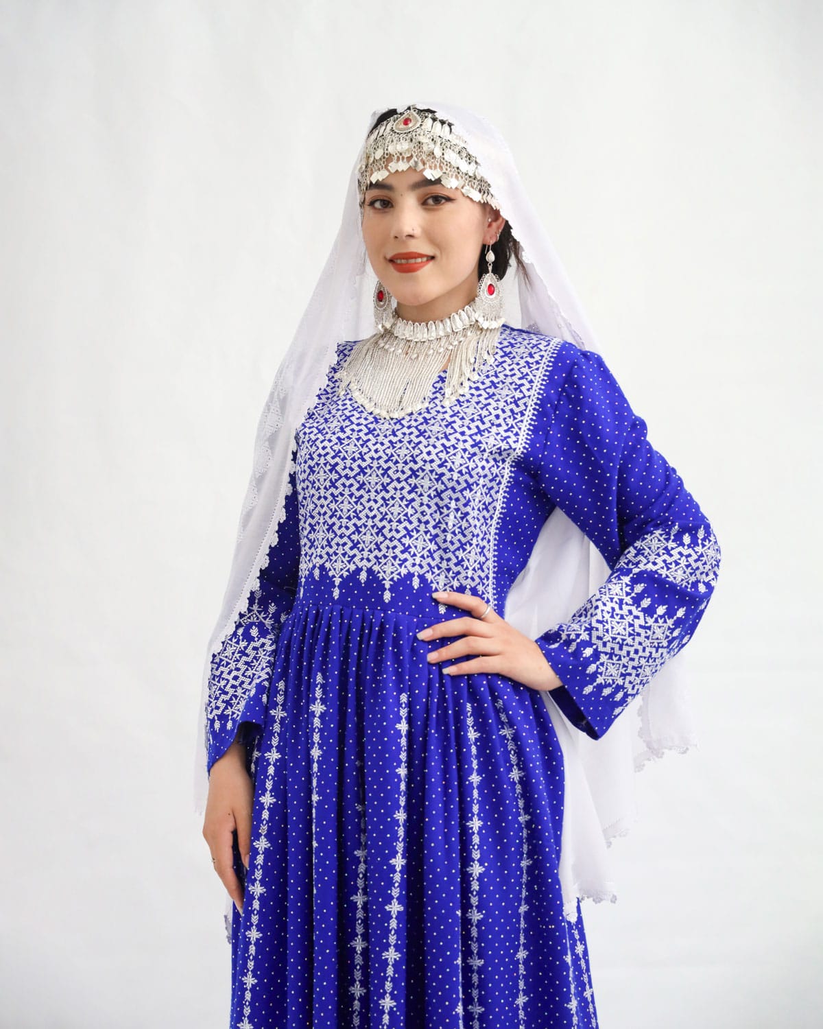 Hazaragi Long Blue Party Dress with Mirror Work & Jewelry Set – Golnegar Handicrafts