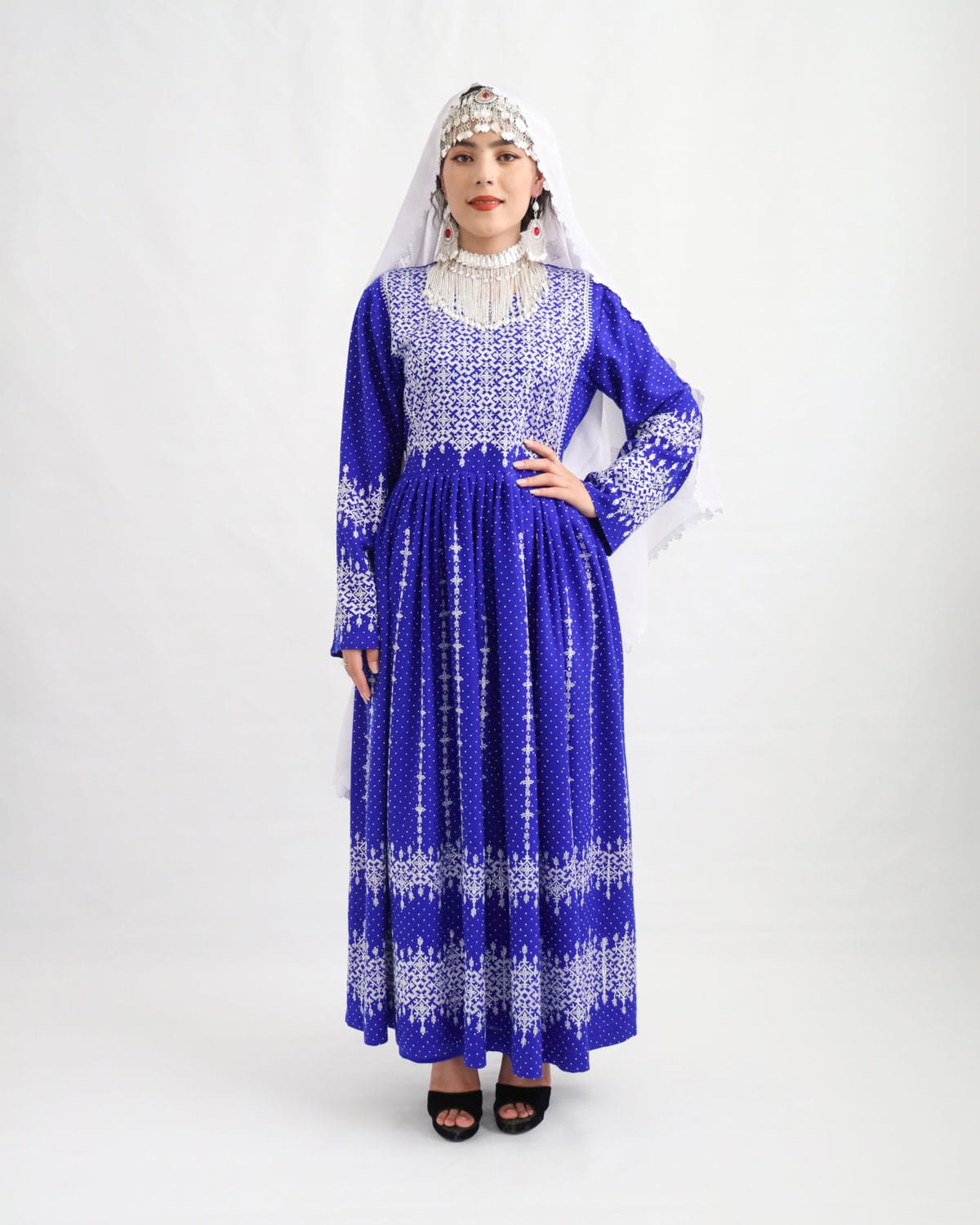 Hazaragi Long Blue Party Dress with Mirror Work & Jewelry Set – Golnegar Handicrafts