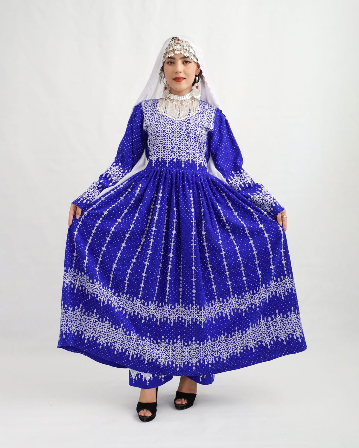 Hazaragi Long Blue Party Dress with Mirror Work & Jewelry Set – Golnegar Handicrafts