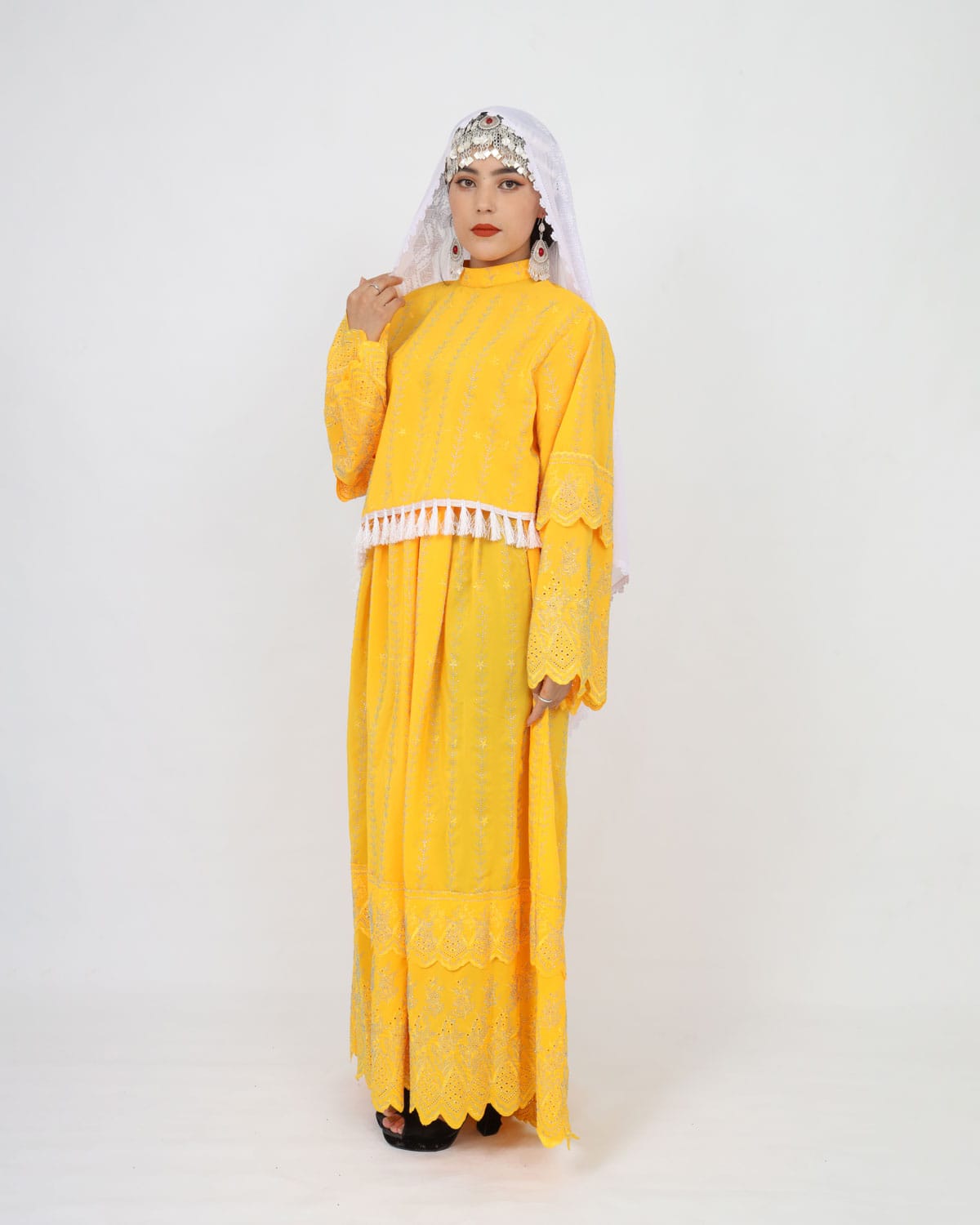 Yellow Hazaragi Handmade Long Party Dress with Scarf