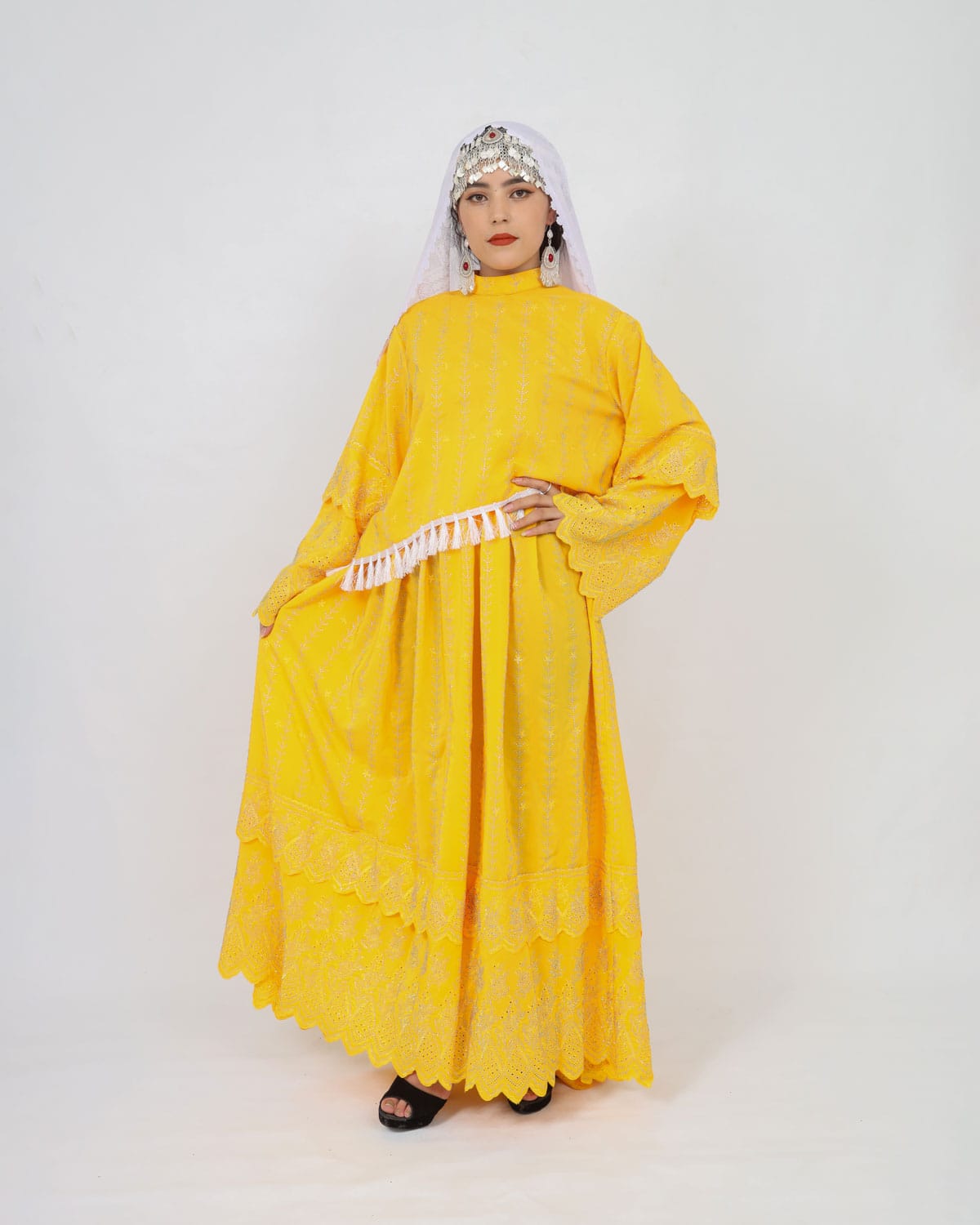 Yellow Hazaragi Handmade Long Party Dress with Scarf