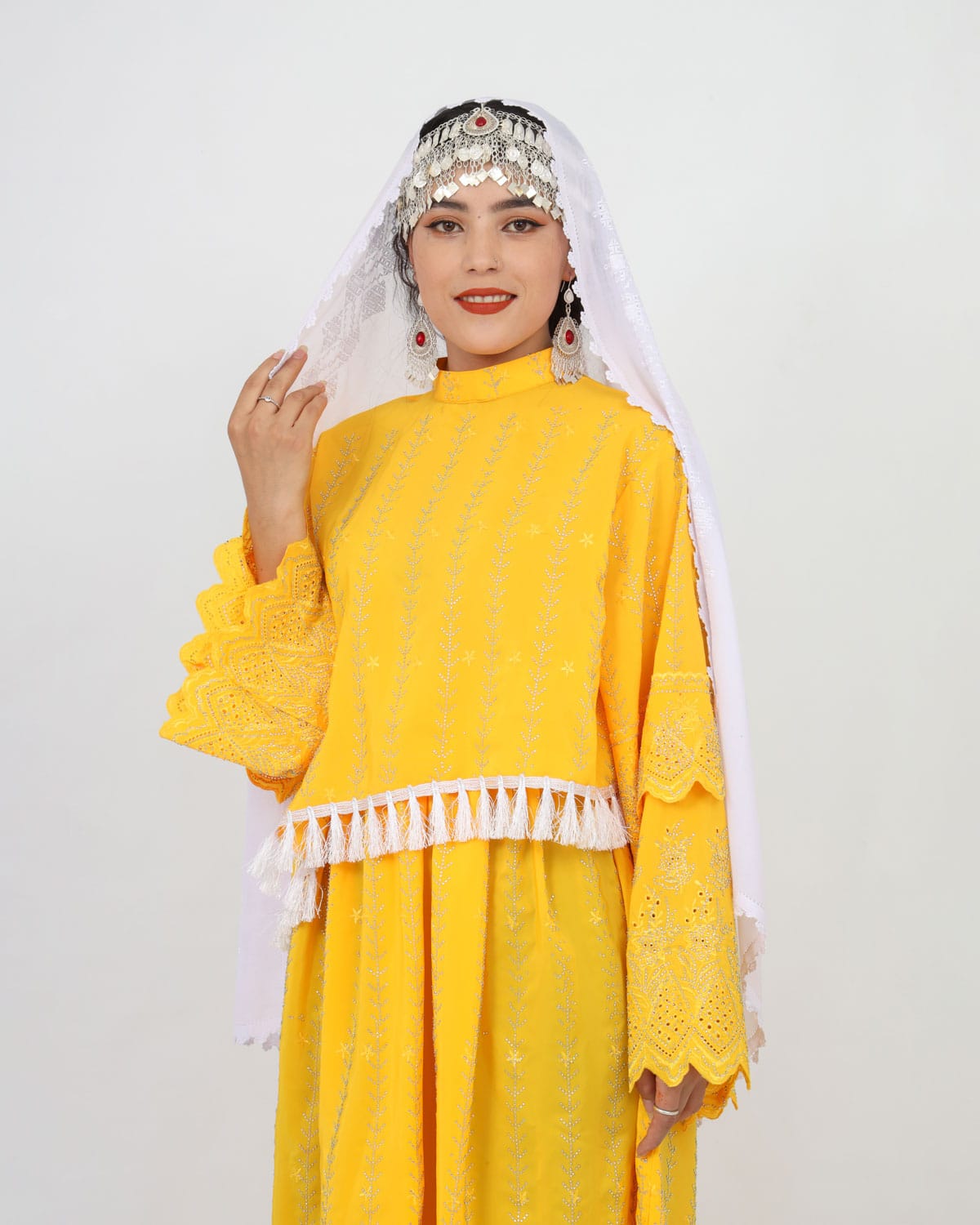 Yellow Hazaragi Handmade Long Party Dress with Scarf