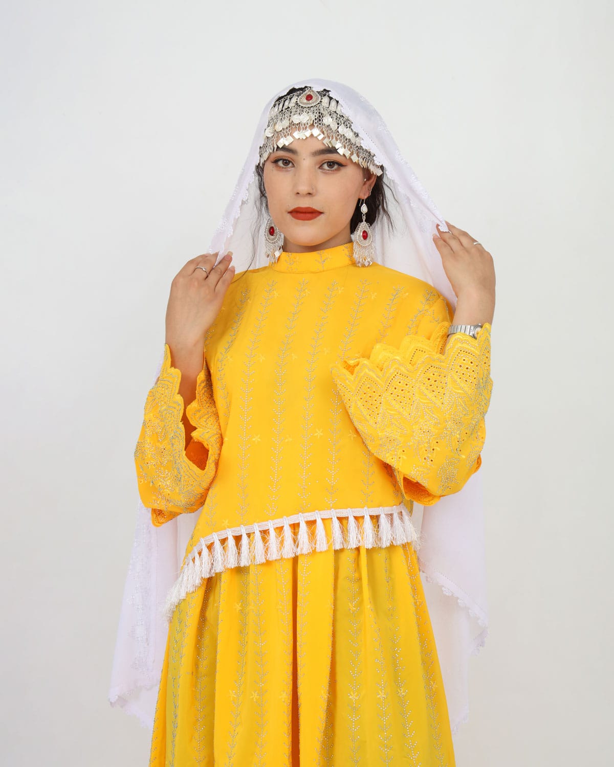 Yellow Hazaragi Handmade Long Party Dress with Scarf