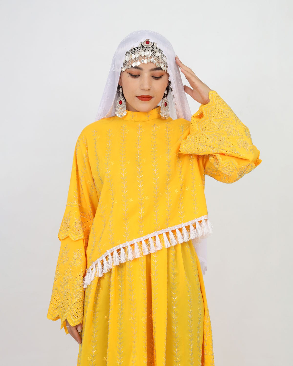 Yellow Hazaragi Handmade Long Party Dress with Scarf