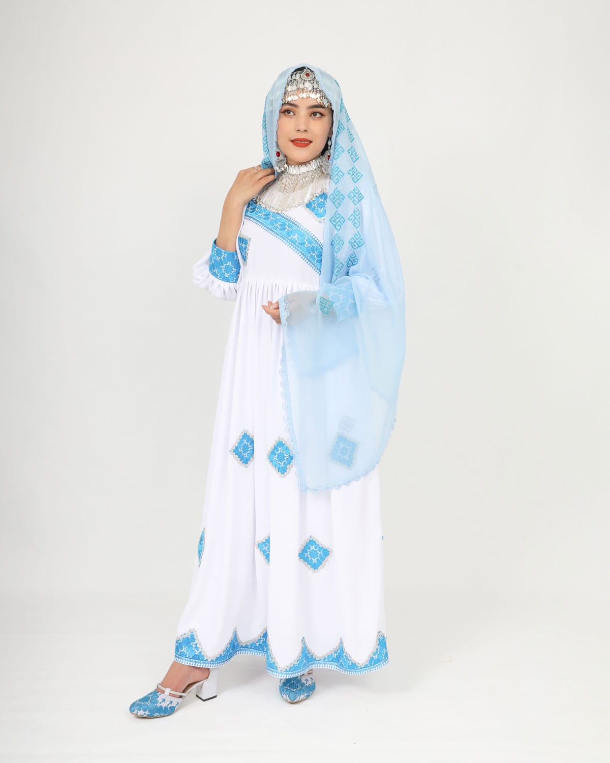 White & Blue Hazaragi Long Party Dress Set with Handmade Scarf, Shoes & Silver Jewelry