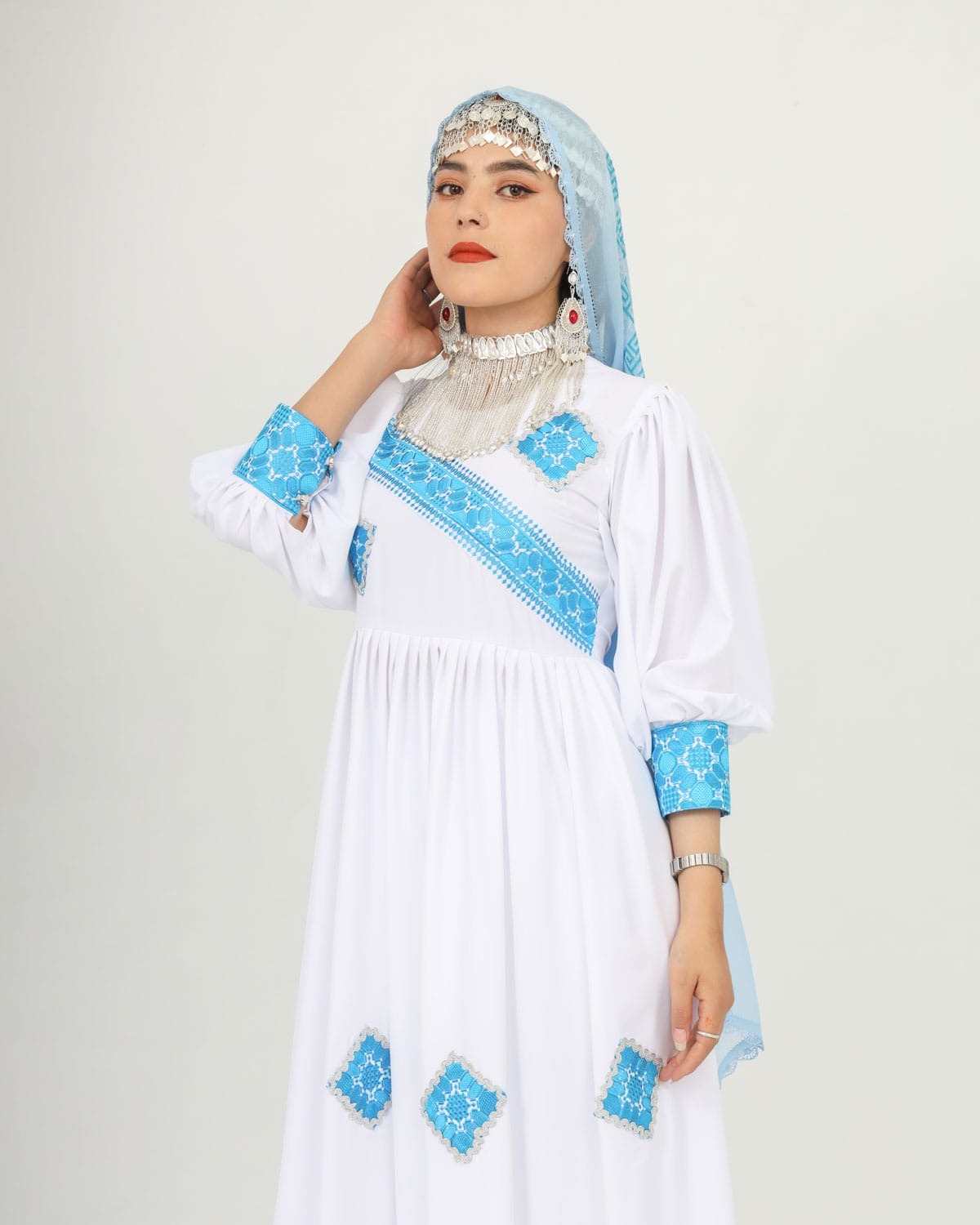 White & Blue Hazaragi Long Party Dress Set with Handmade Scarf, Shoes & Silver Jewelry
