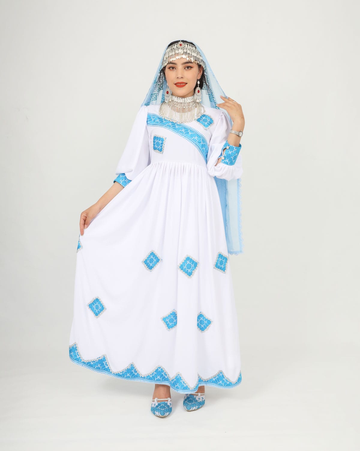 White & Blue Hazaragi Long Party Dress Set with Handmade Scarf, Shoes & Silver Jewelry