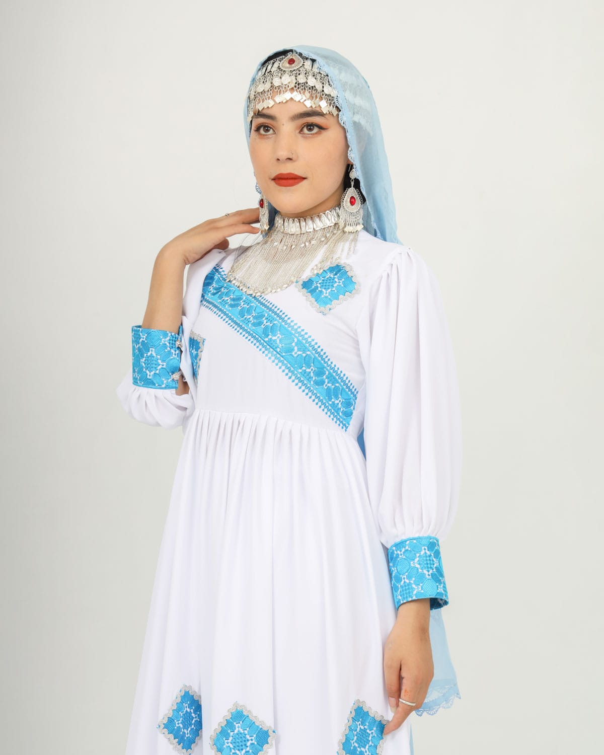 White & Blue Hazaragi Long Party Dress Set with Handmade Scarf, Shoes & Silver Jewelry