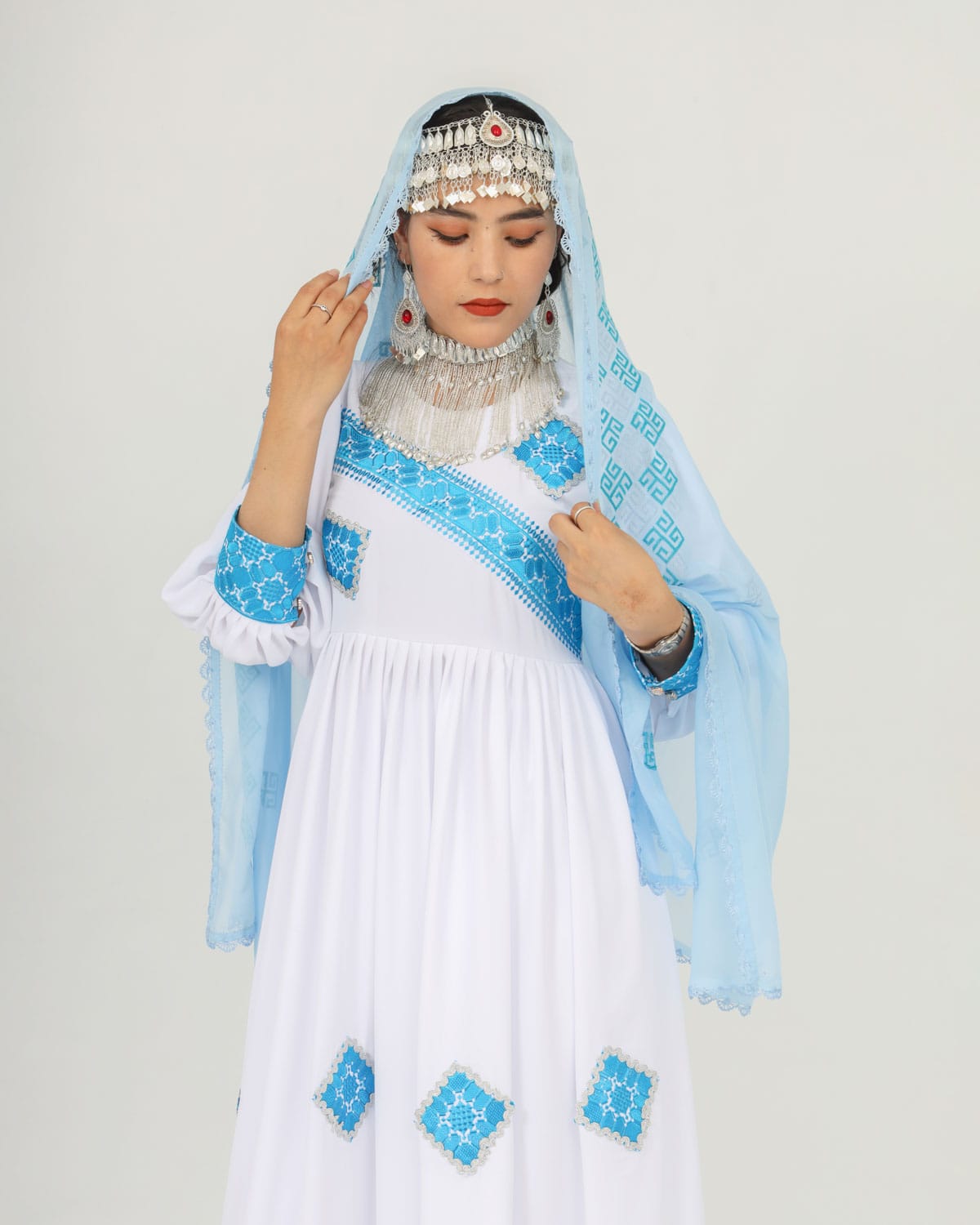 White & Blue Hazaragi Long Party Dress Set with Handmade Scarf, Shoes & Silver Jewelry