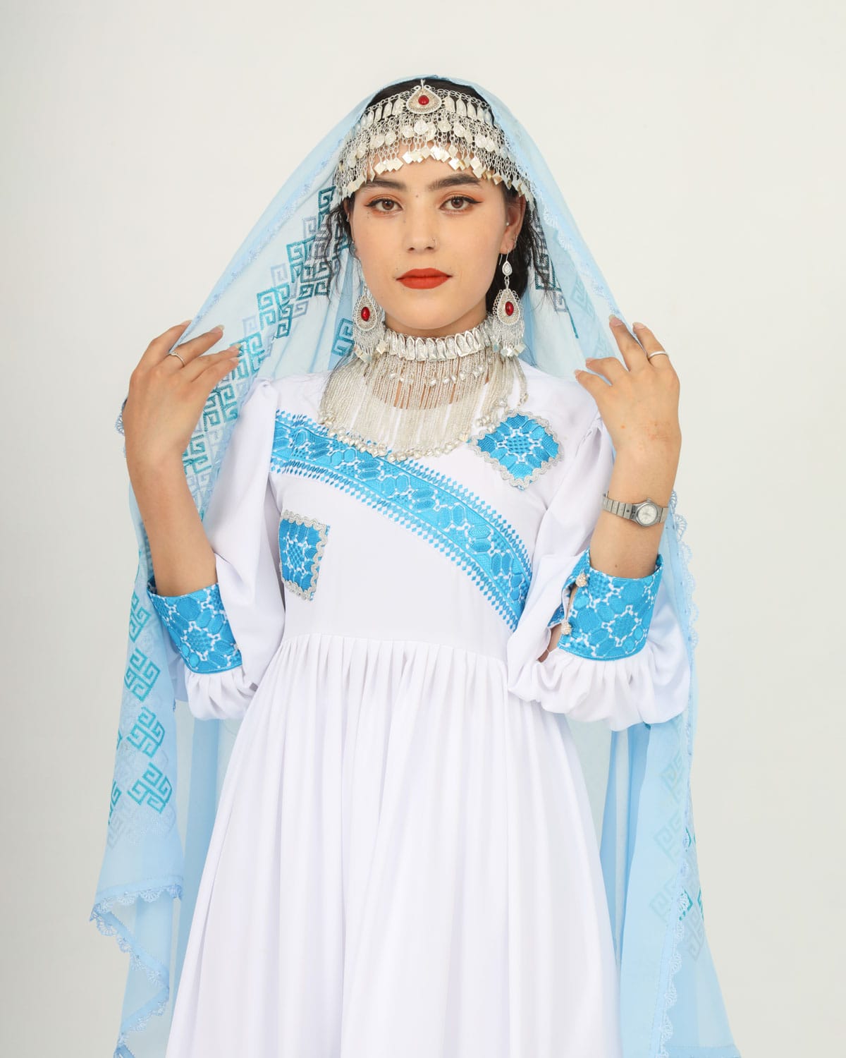 White & Blue Hazaragi Long Party Dress Set with Handmade Scarf, Shoes & Silver Jewelry
