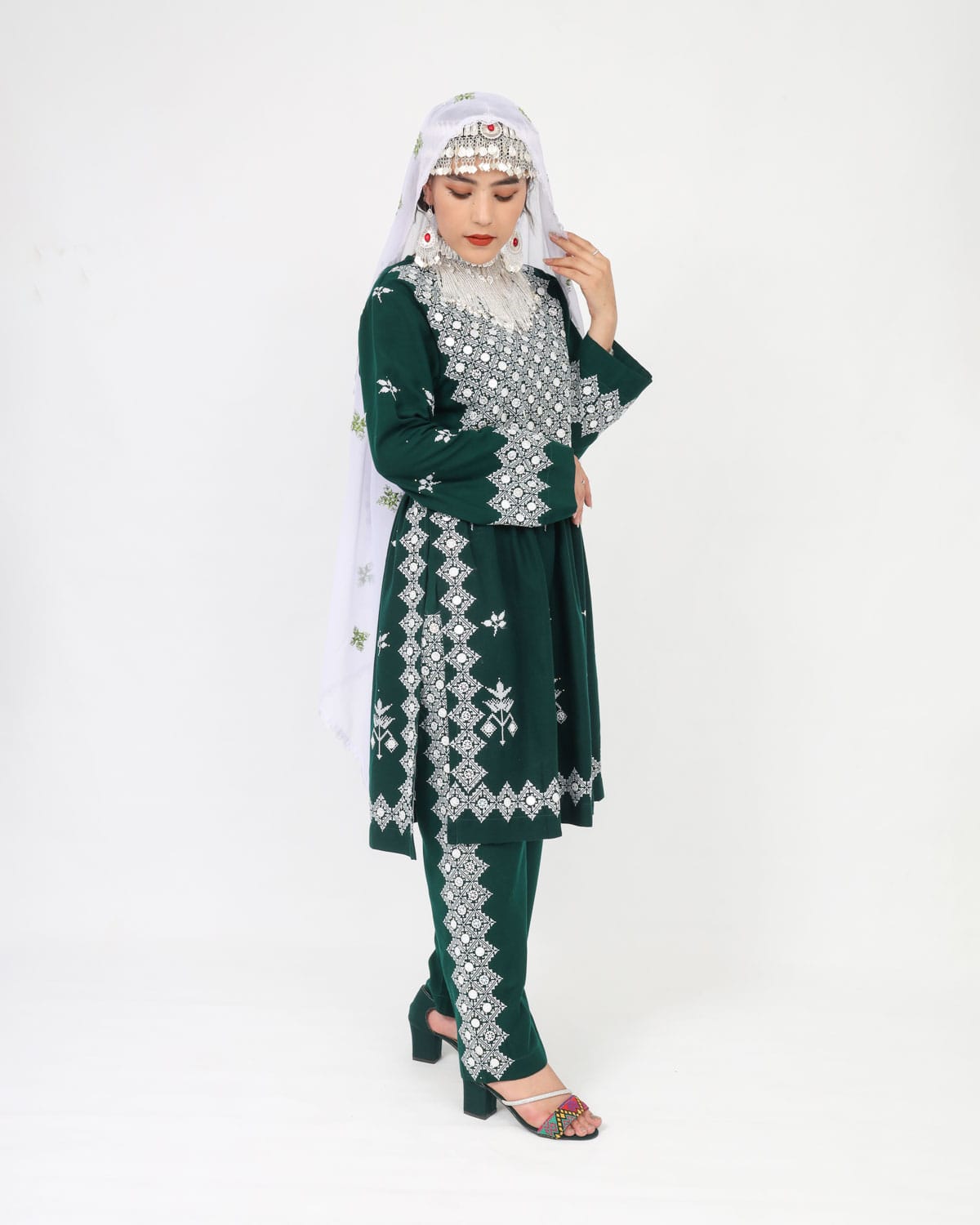 Green Dress Hazaragi Short Dress with Embroidery and Mirror Work