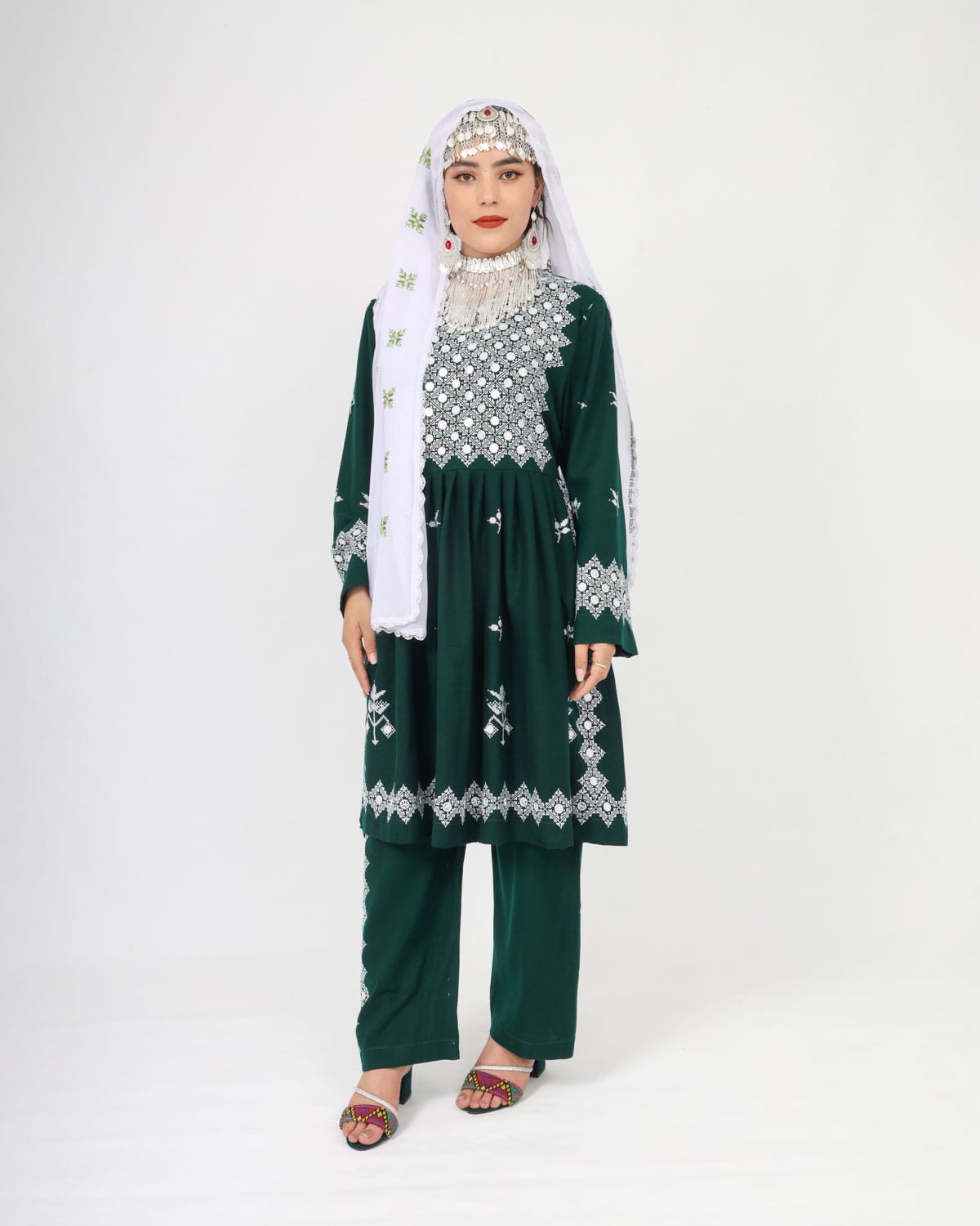 Green Dress Hazaragi Short Dress with Embroidery and Mirror Work