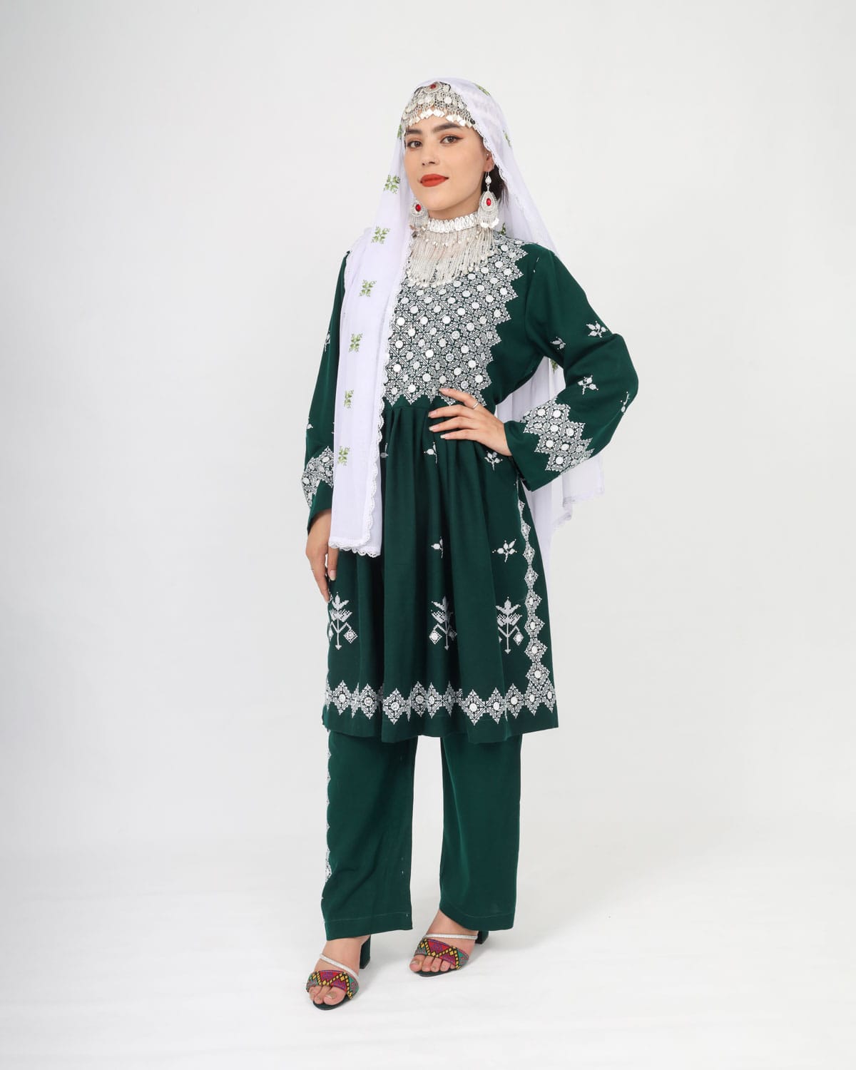Green Dress Hazaragi Short Dress with Embroidery and Mirror Work